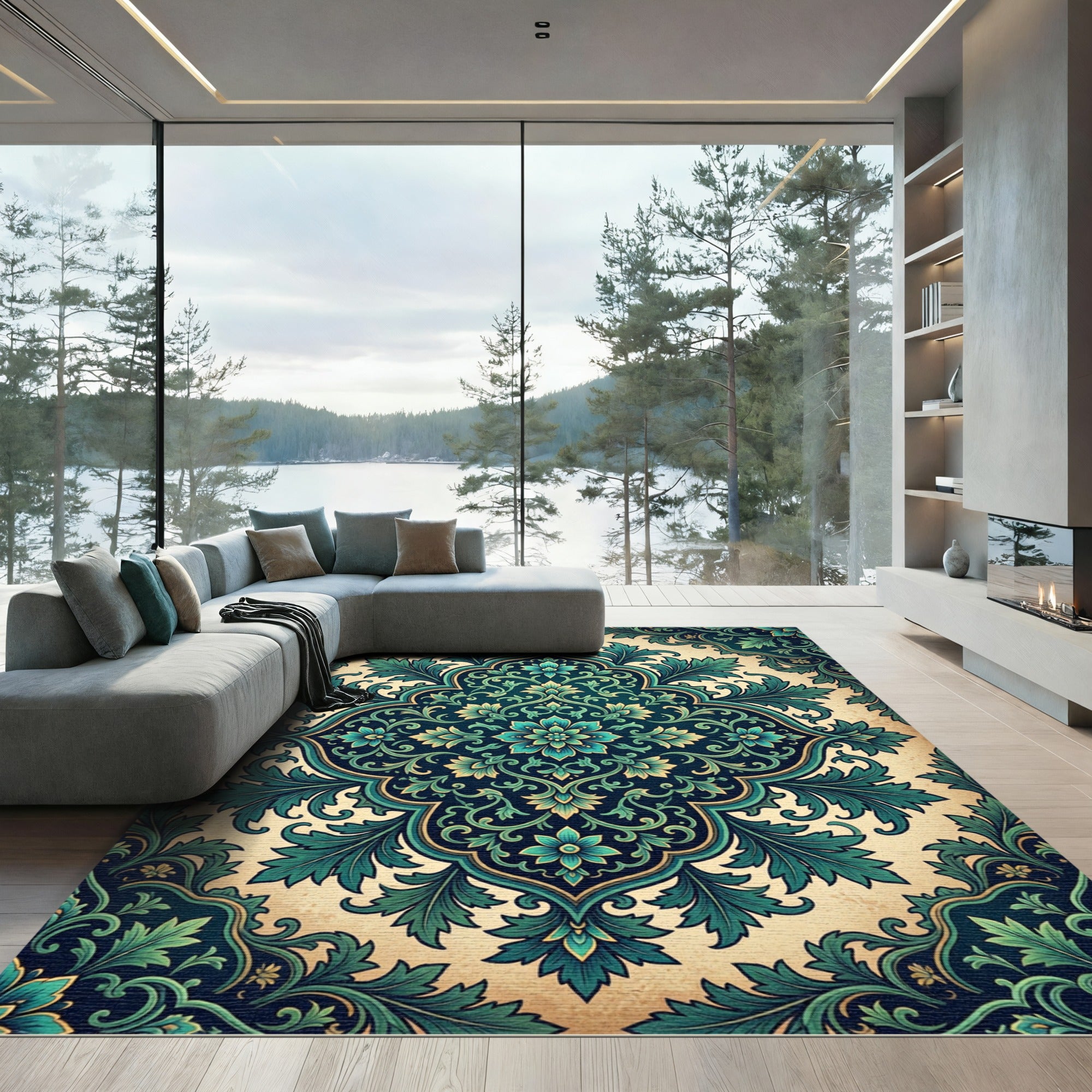 Earthy Teal Floral Damask Medallion Rug