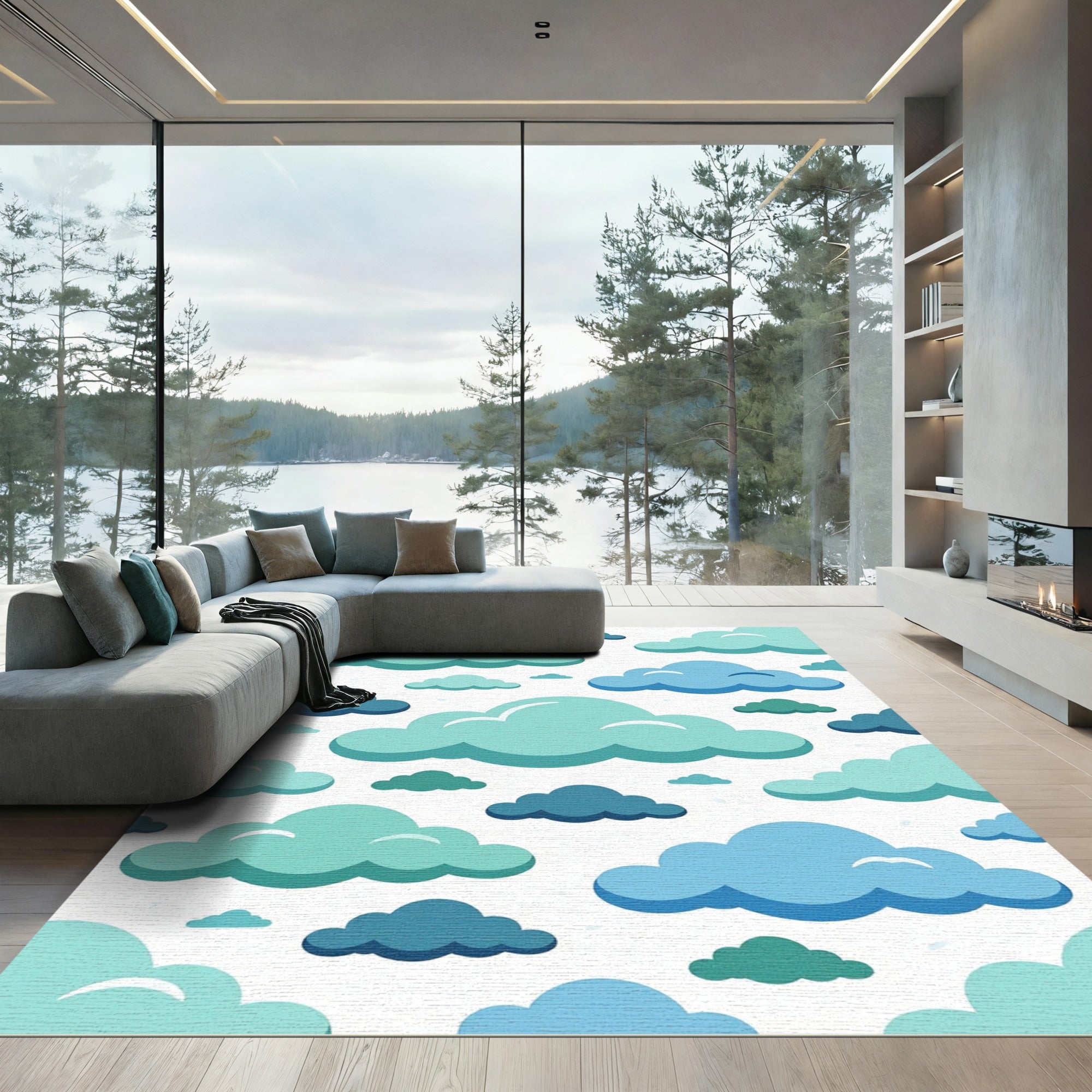 Whimsical Blue Sky Layered Cloud Rug