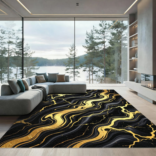Black Gold Marble Vein Swirl Rug