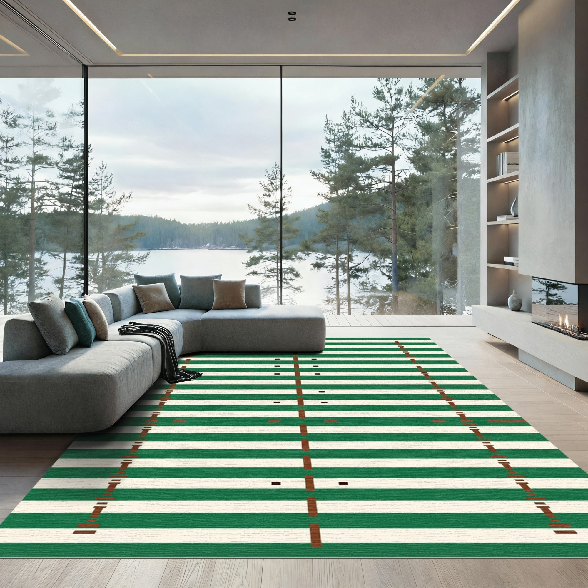 Modern Forest Green Striped Geometric Rug