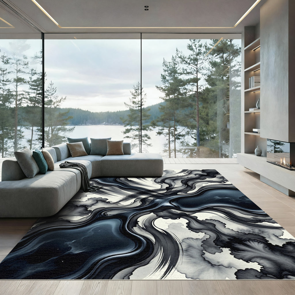 Dark Ink Wash Swirl Abstraction Rug