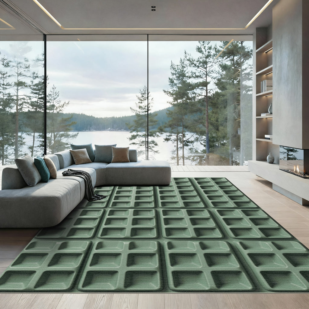 Sage Grid Textured Geometric Squares Rug