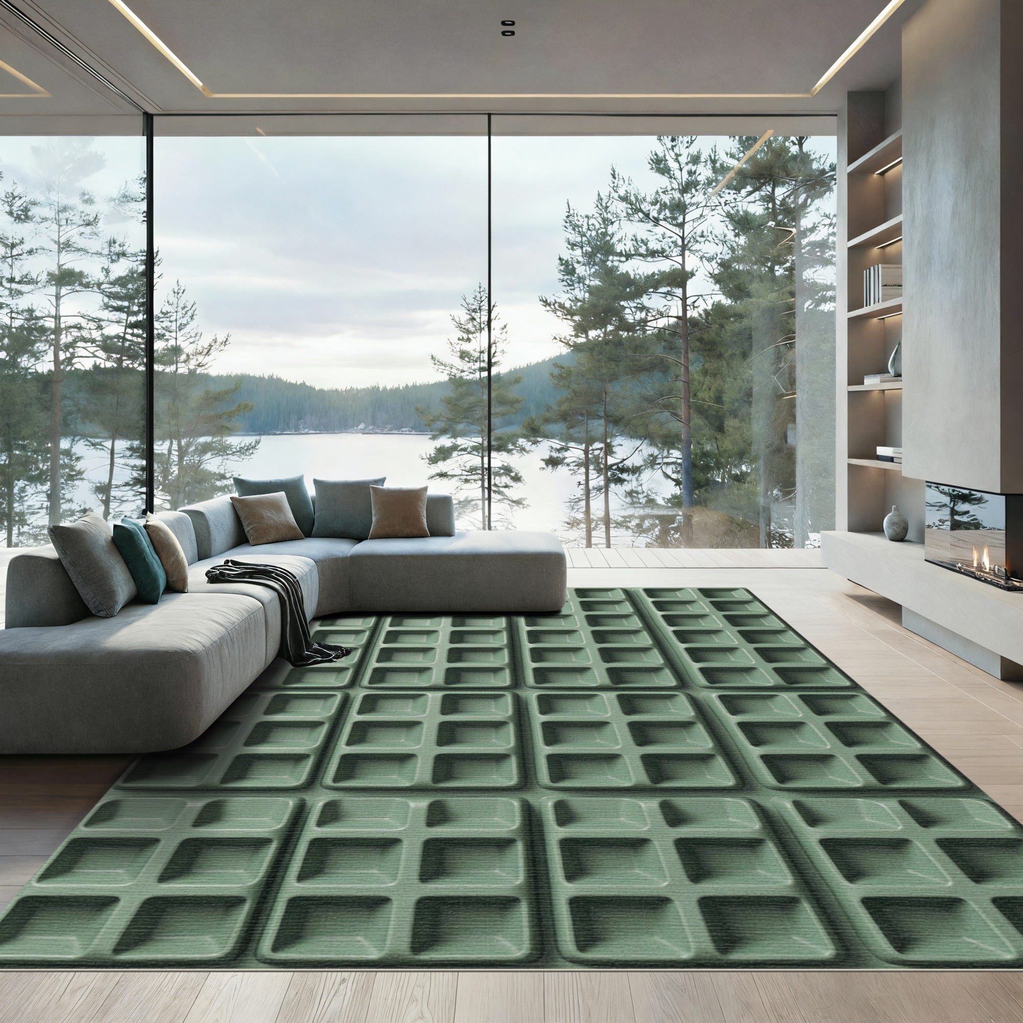 Sage Grid Textured Geometric Squares Rug