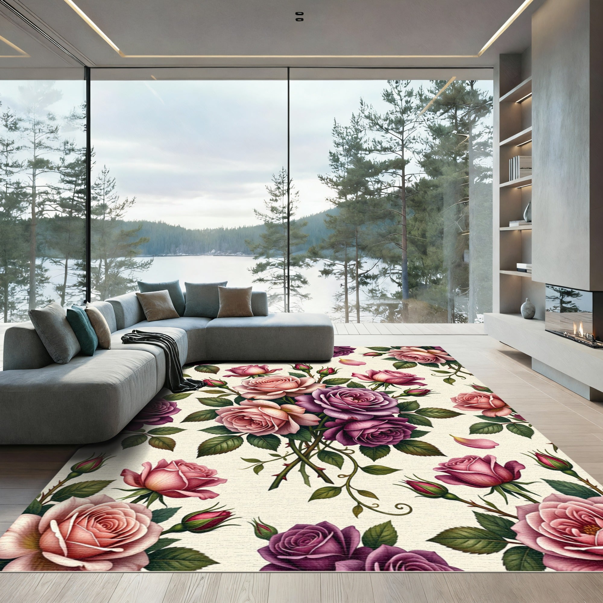 Romantic Pink and Purple Rose Bouquet Rug