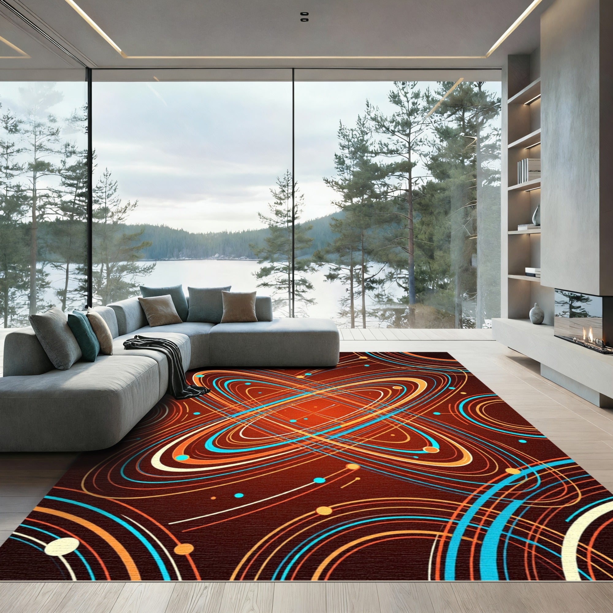 Vibrant Orange Blue Swirl Orbit Rug