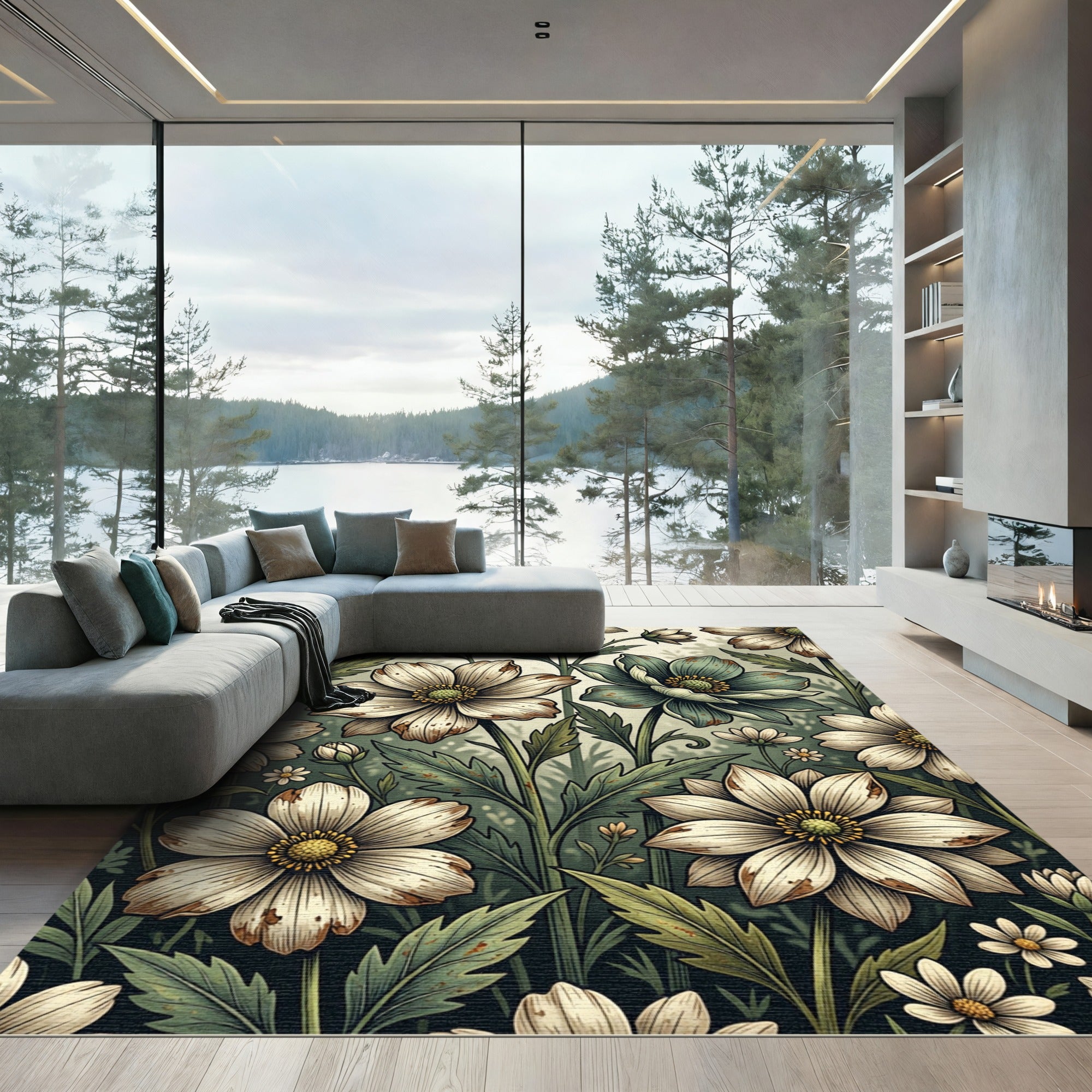 Vintage Cream Botanical Flower Meadow Rug