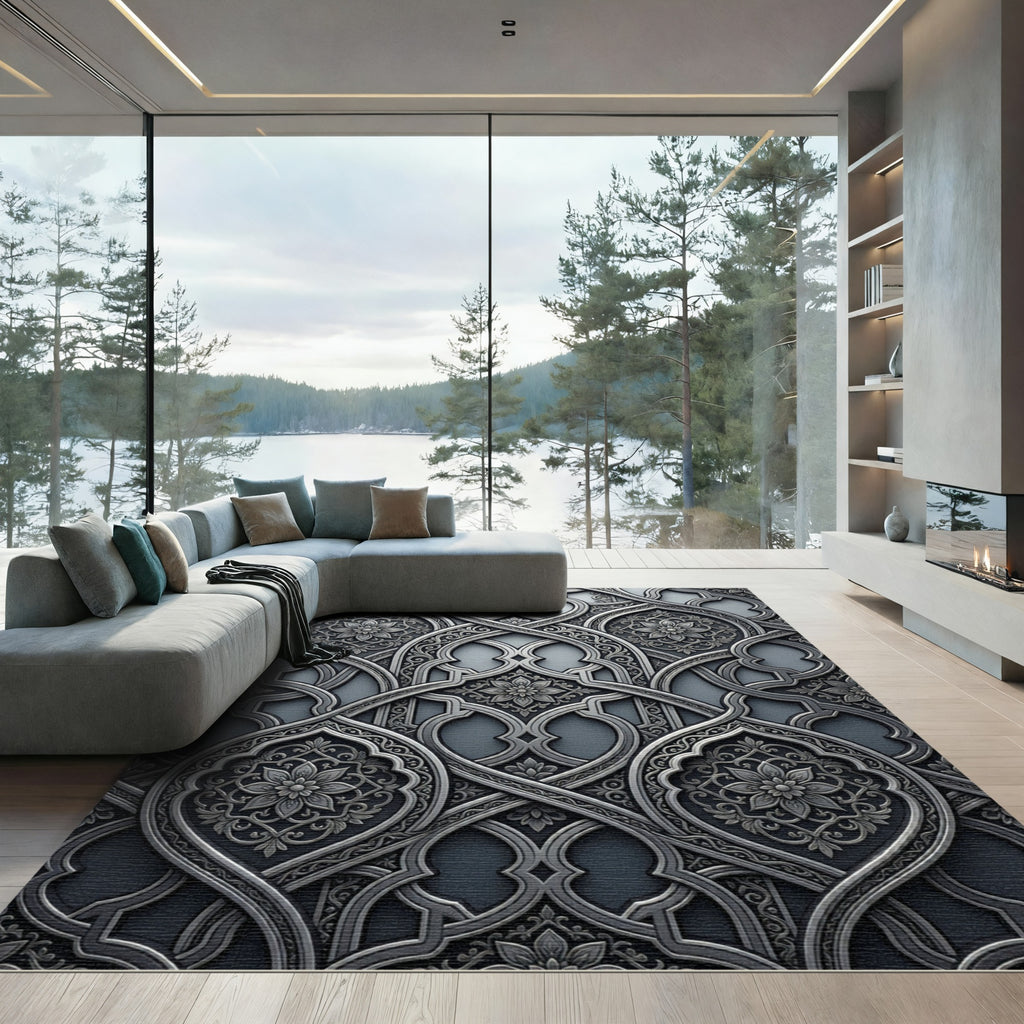 Ornate Gray Floral Arabesque Rug