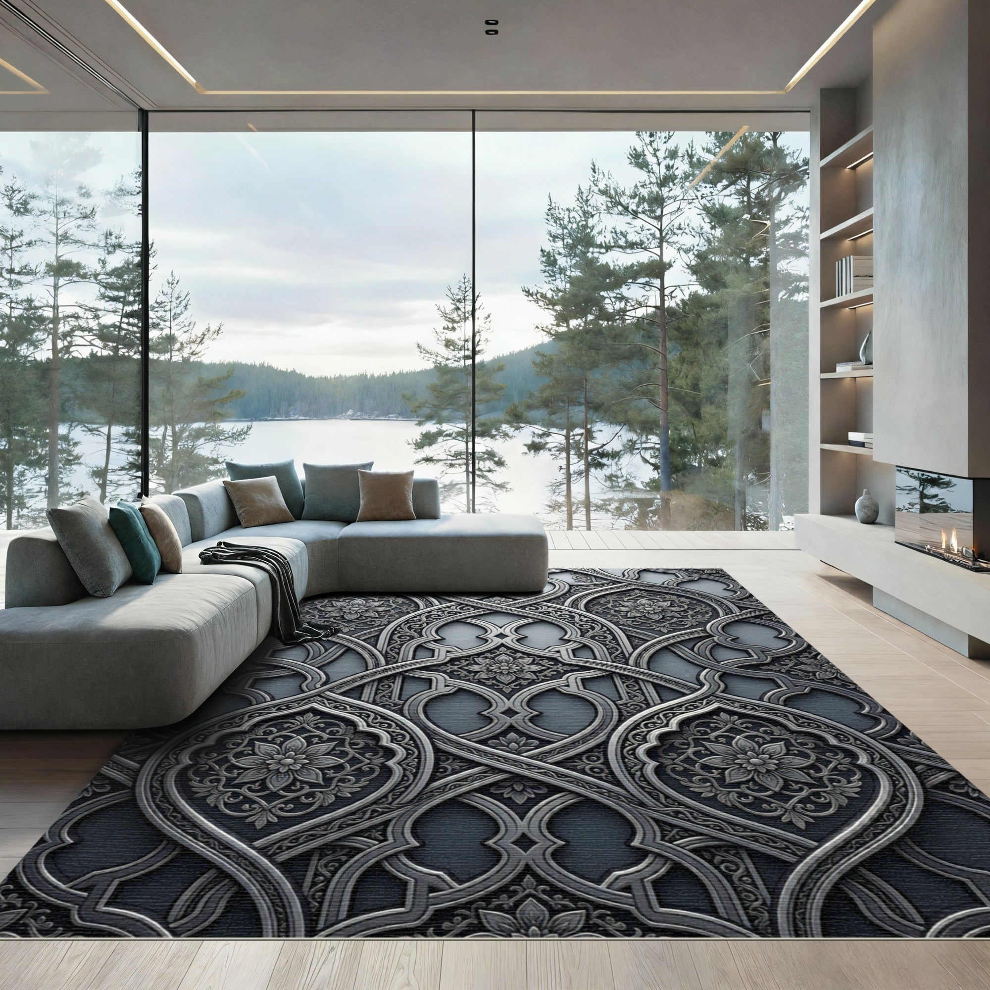 Ornate Gray Floral Arabesque Rug