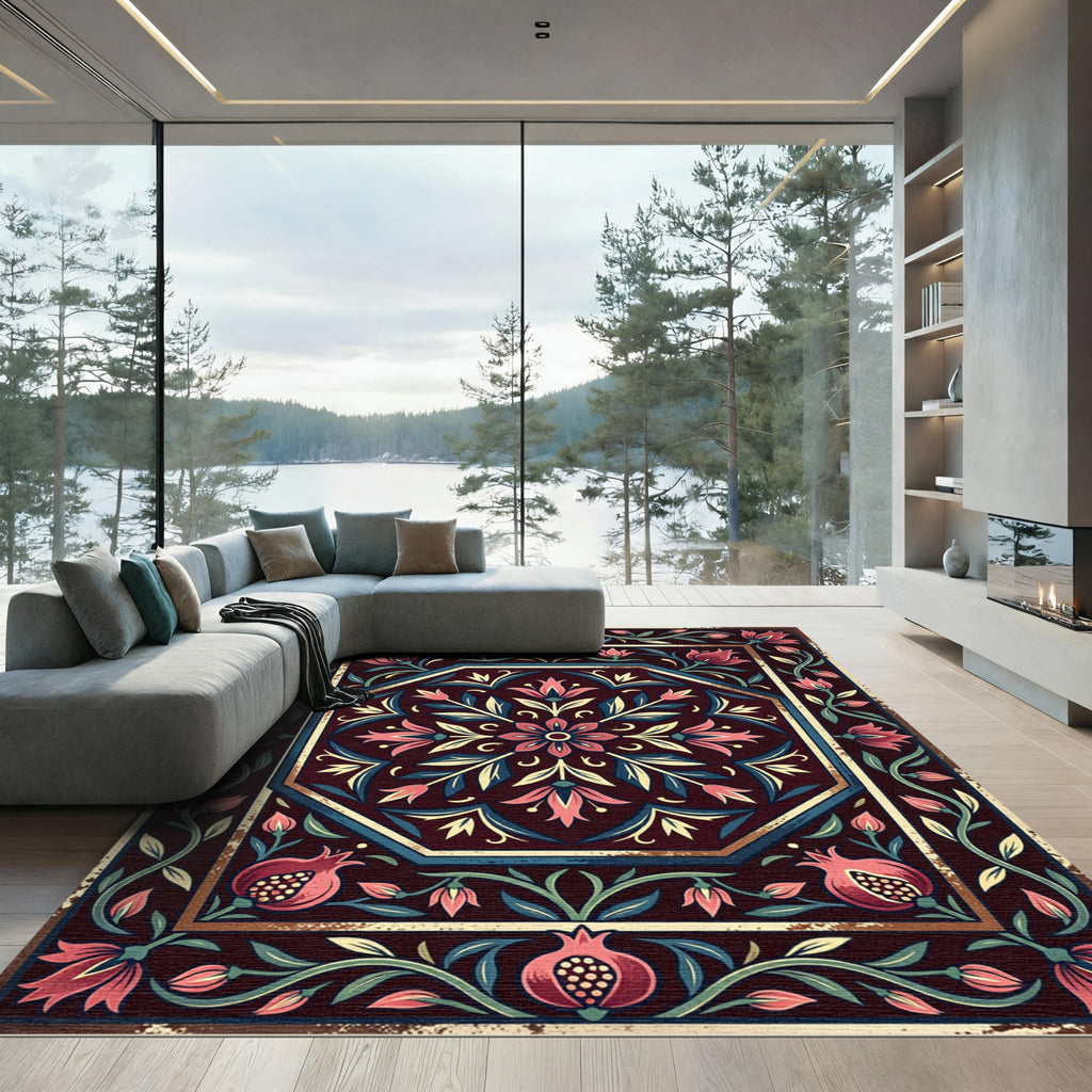 Dark Burgundy Pomegranate Floral Medallion Rug