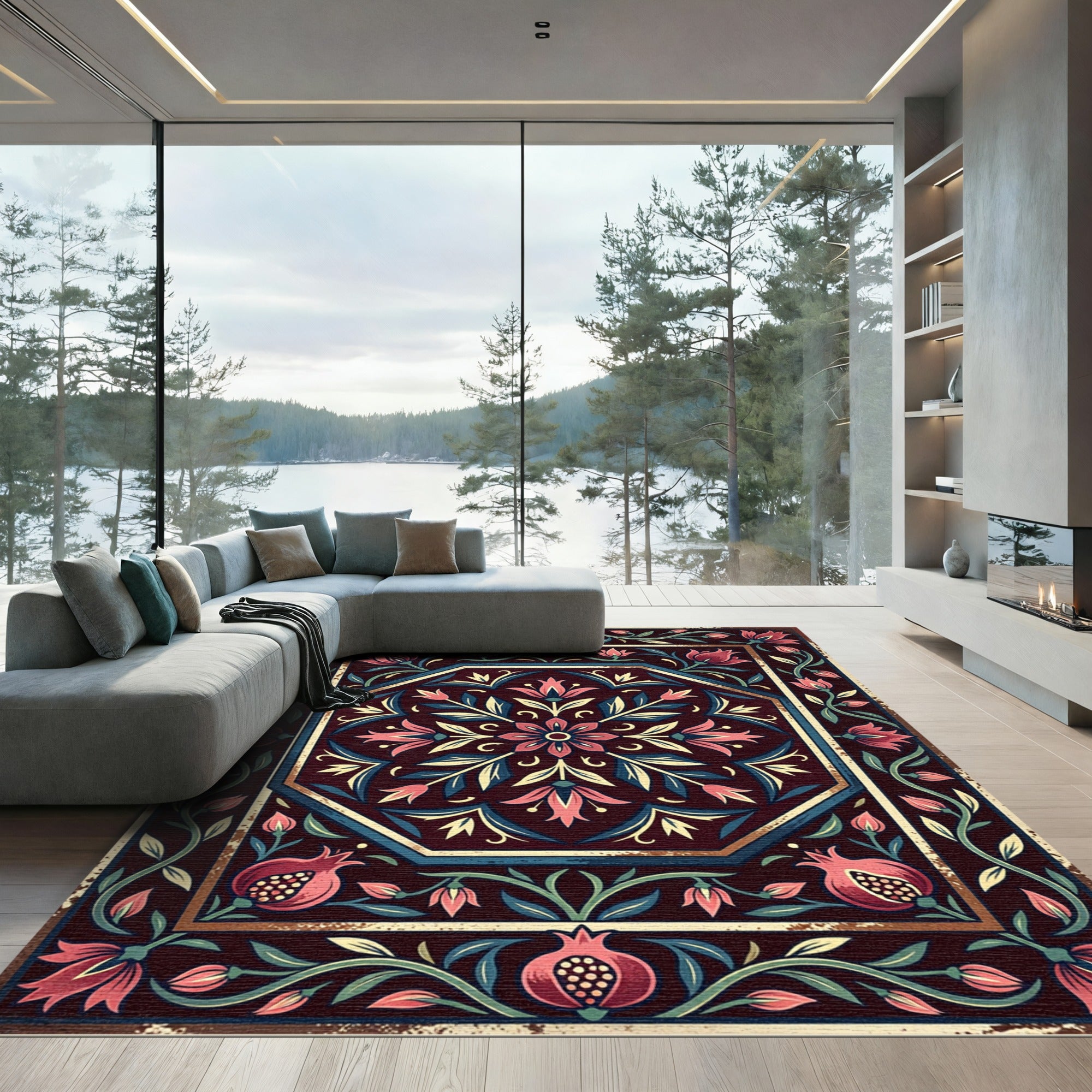 Dark Burgundy Pomegranate Floral Medallion Rug