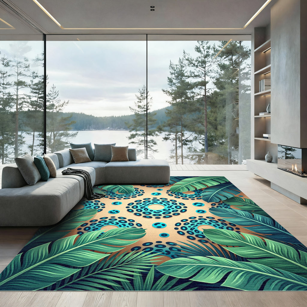 Teal Leopard Spot Tropical Leaf Rug