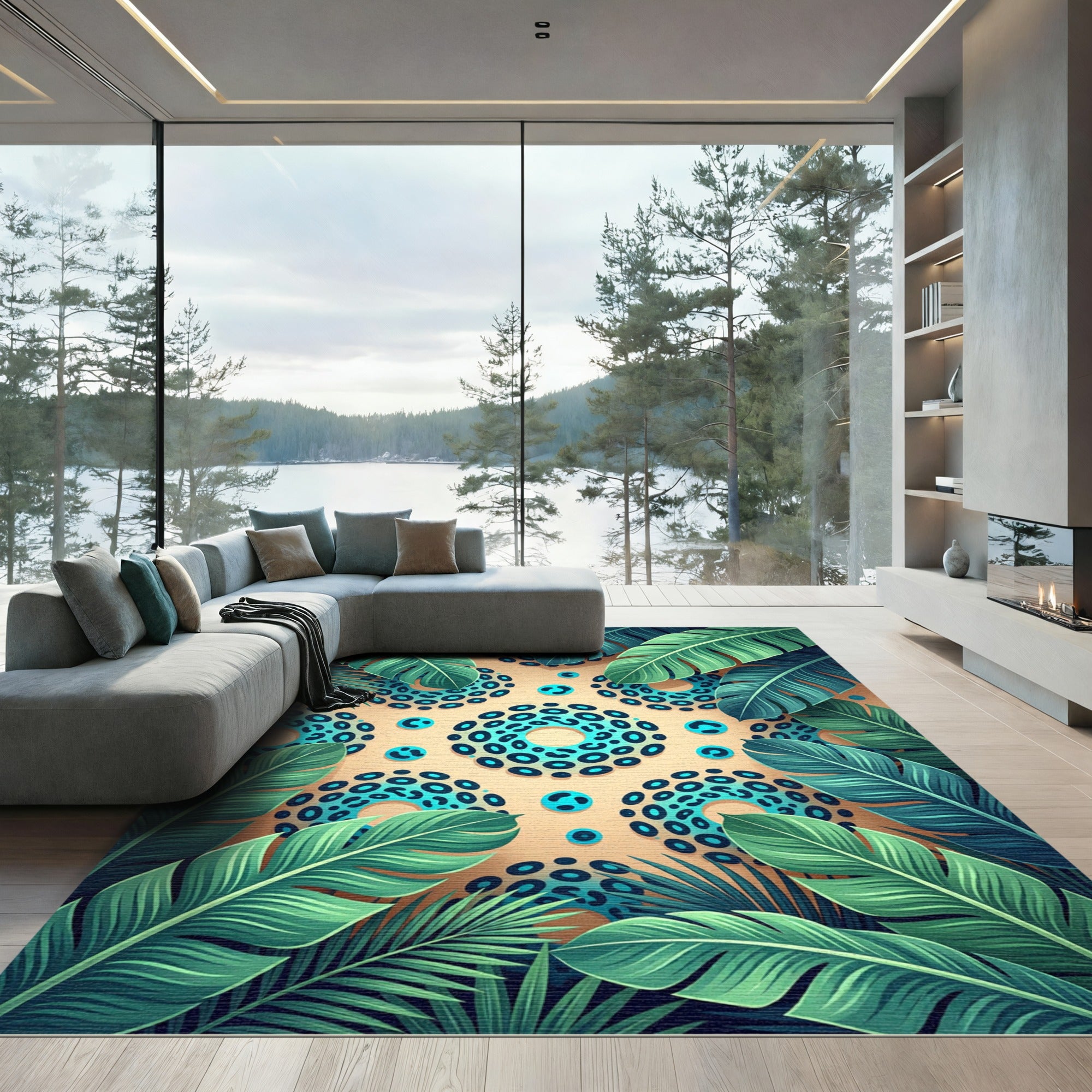 Teal Leopard Spot Tropical Leaf Rug