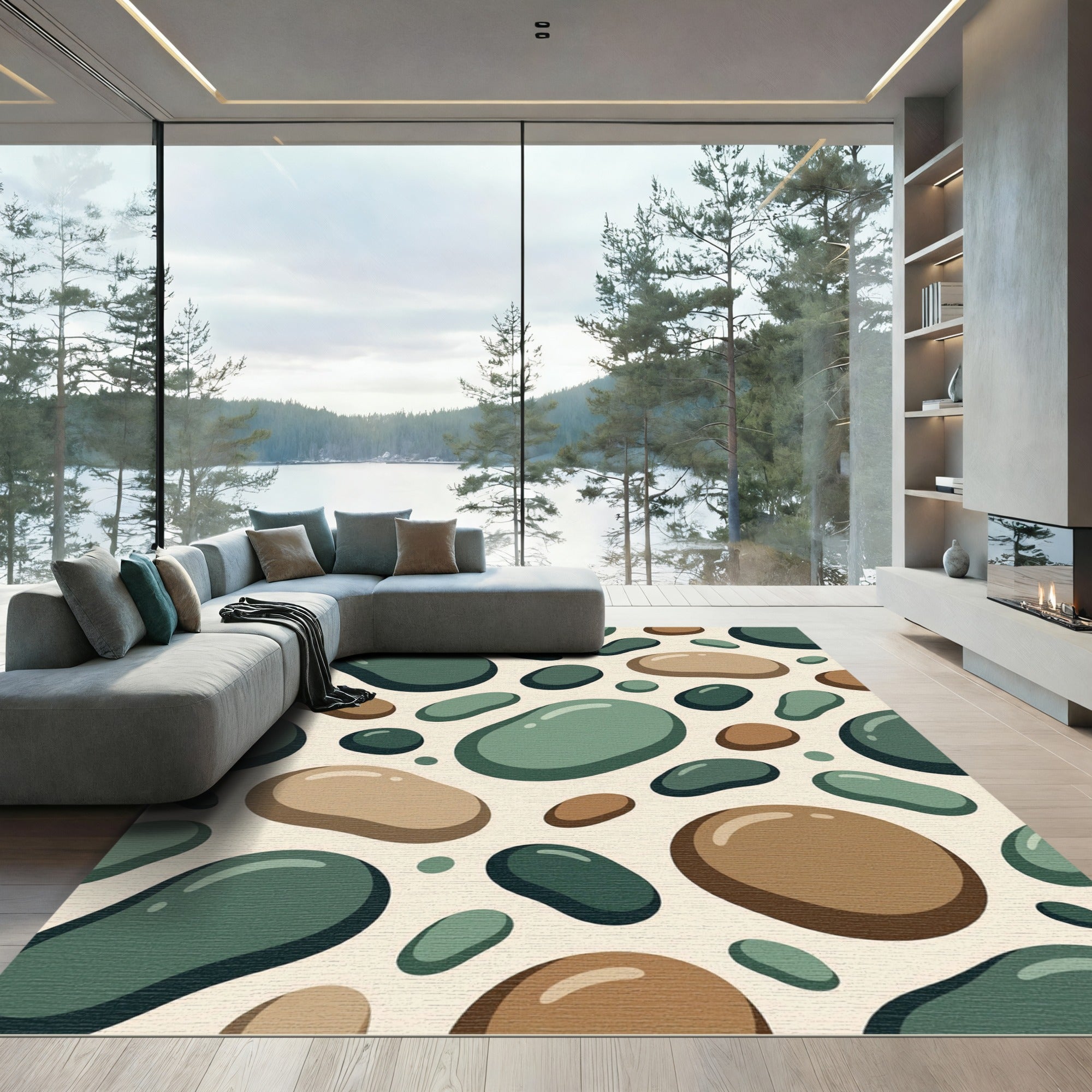 Earthy Brown Green Pebble Cluster Rug