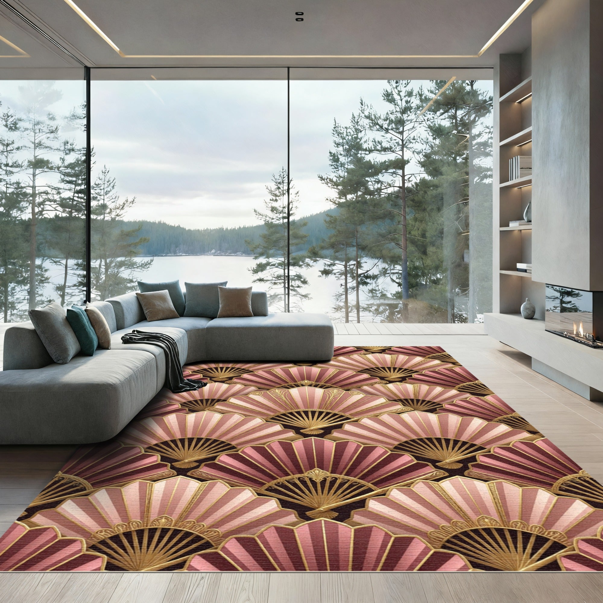 Elegant Blush and Gold Art Deco Fan Rug