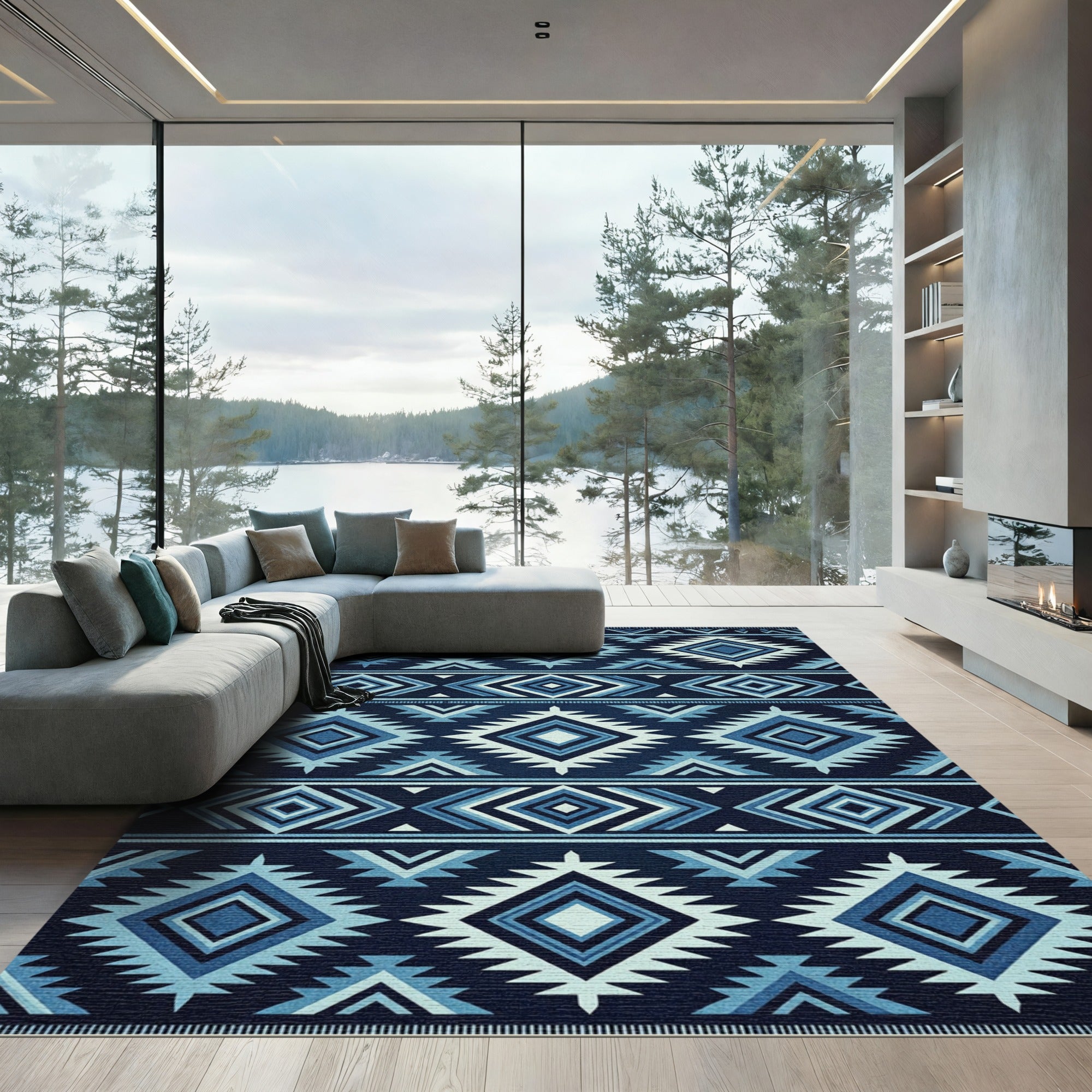 Geometric Blue Tribal Diamond Rug