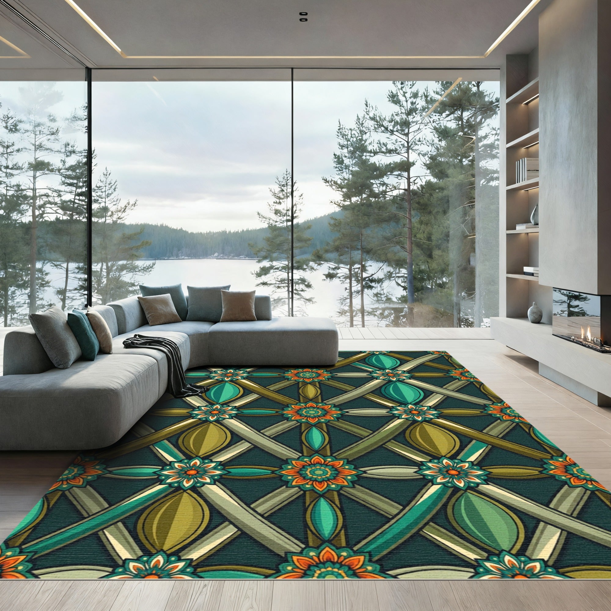 Ornate Teal and Olive Geometric Bloom Rug