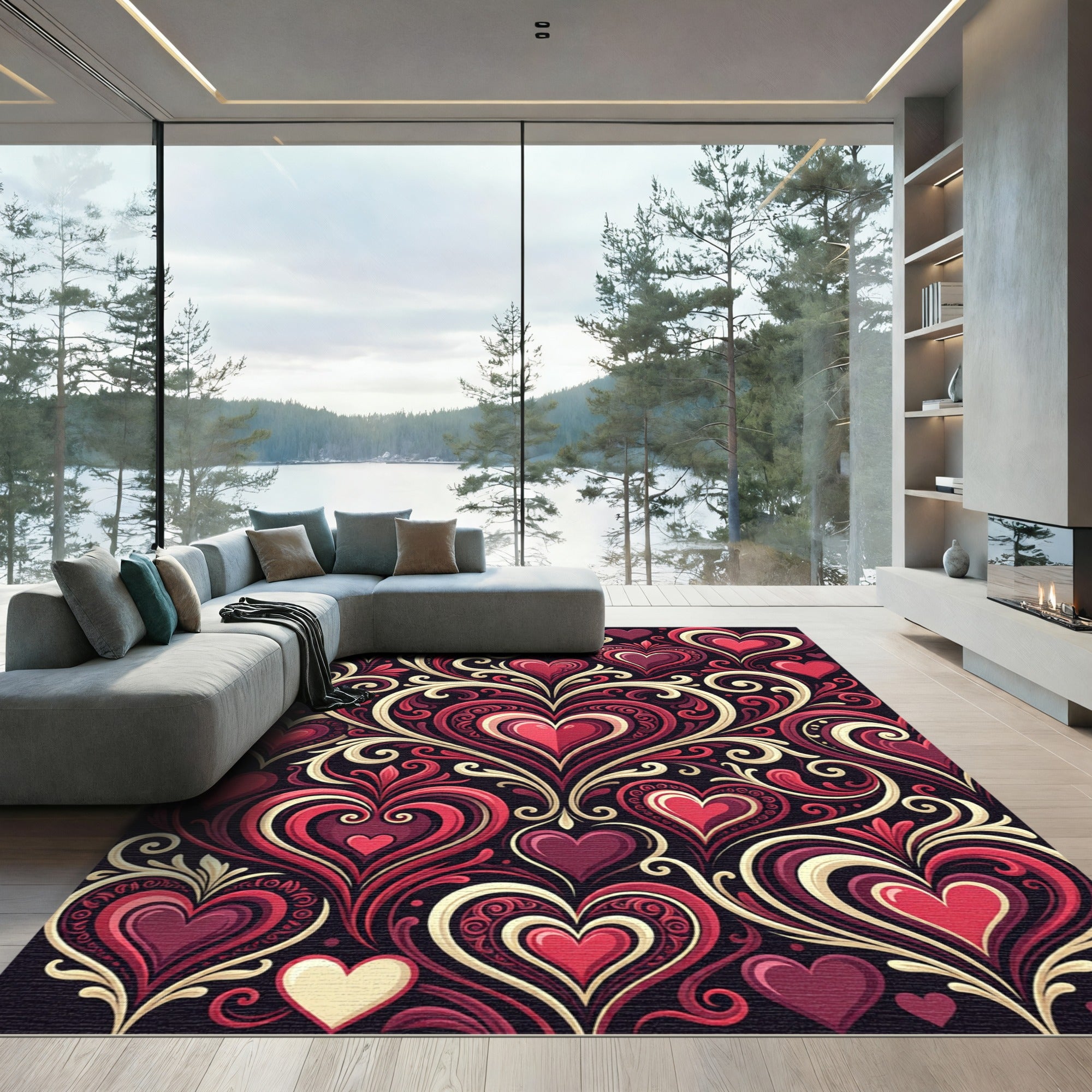 Crimson Red Heart Flourish Vignette Rug