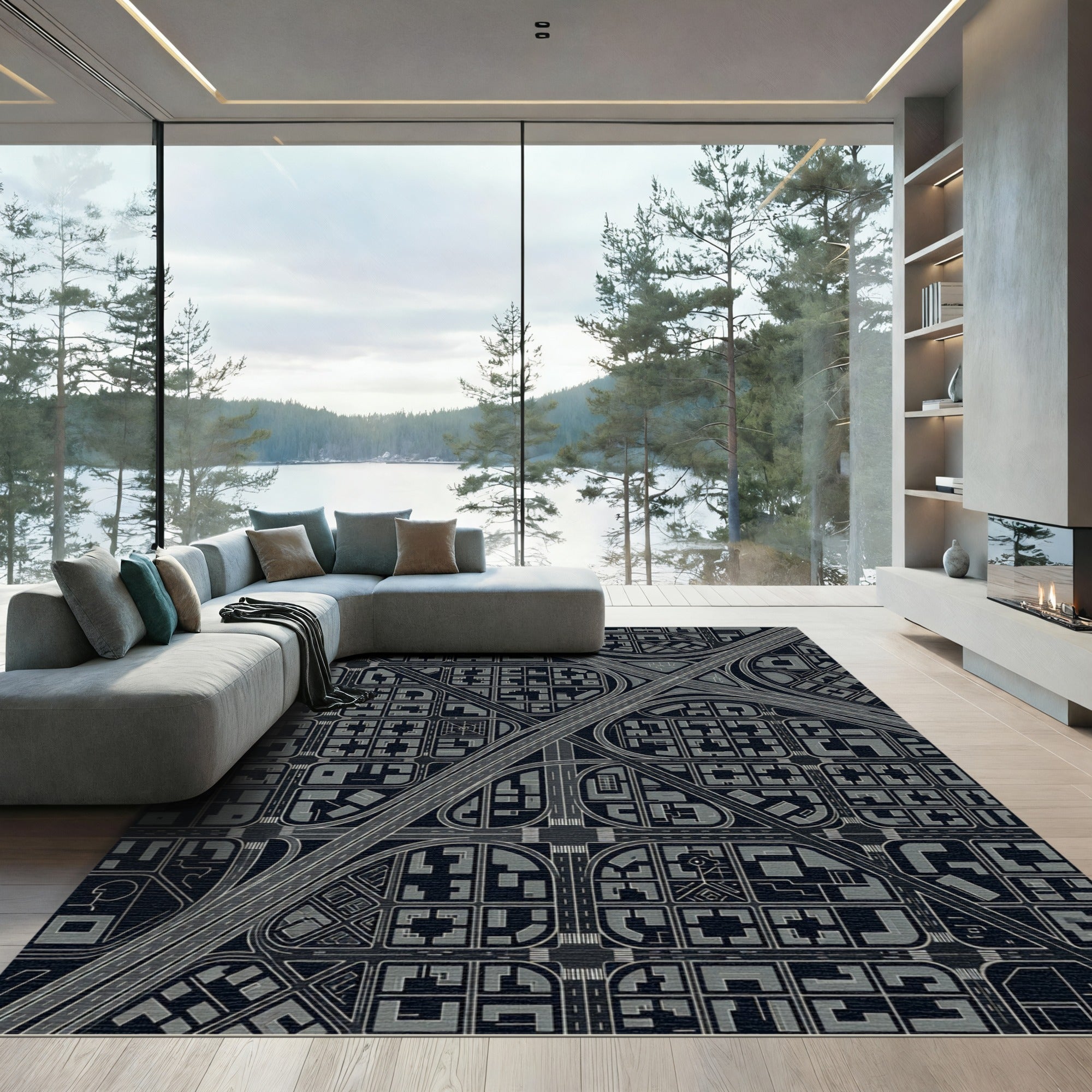 Urban Highway Gray Cityscape Overlay Rug