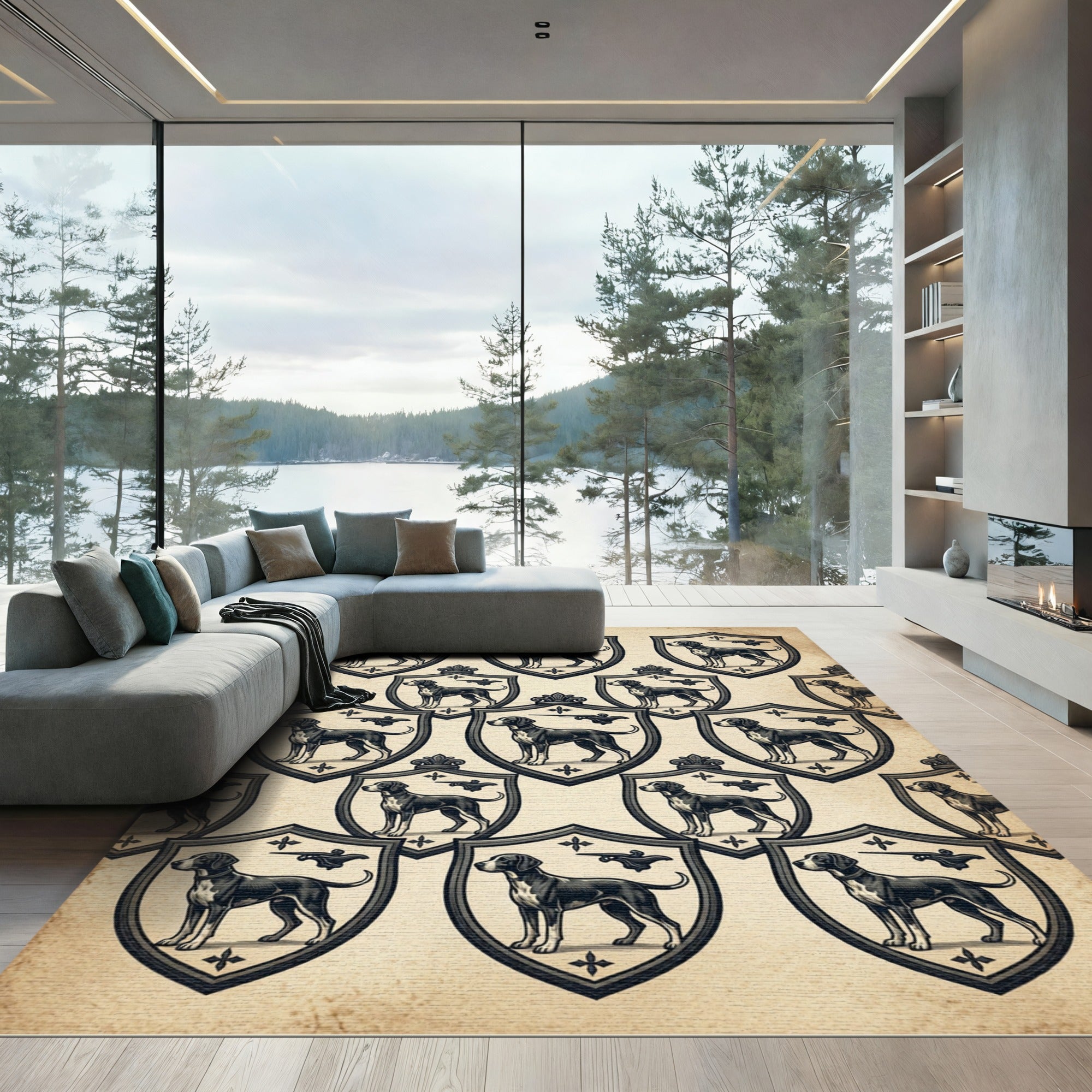 Heraldic Hound Crest Cream Area Decor Rug