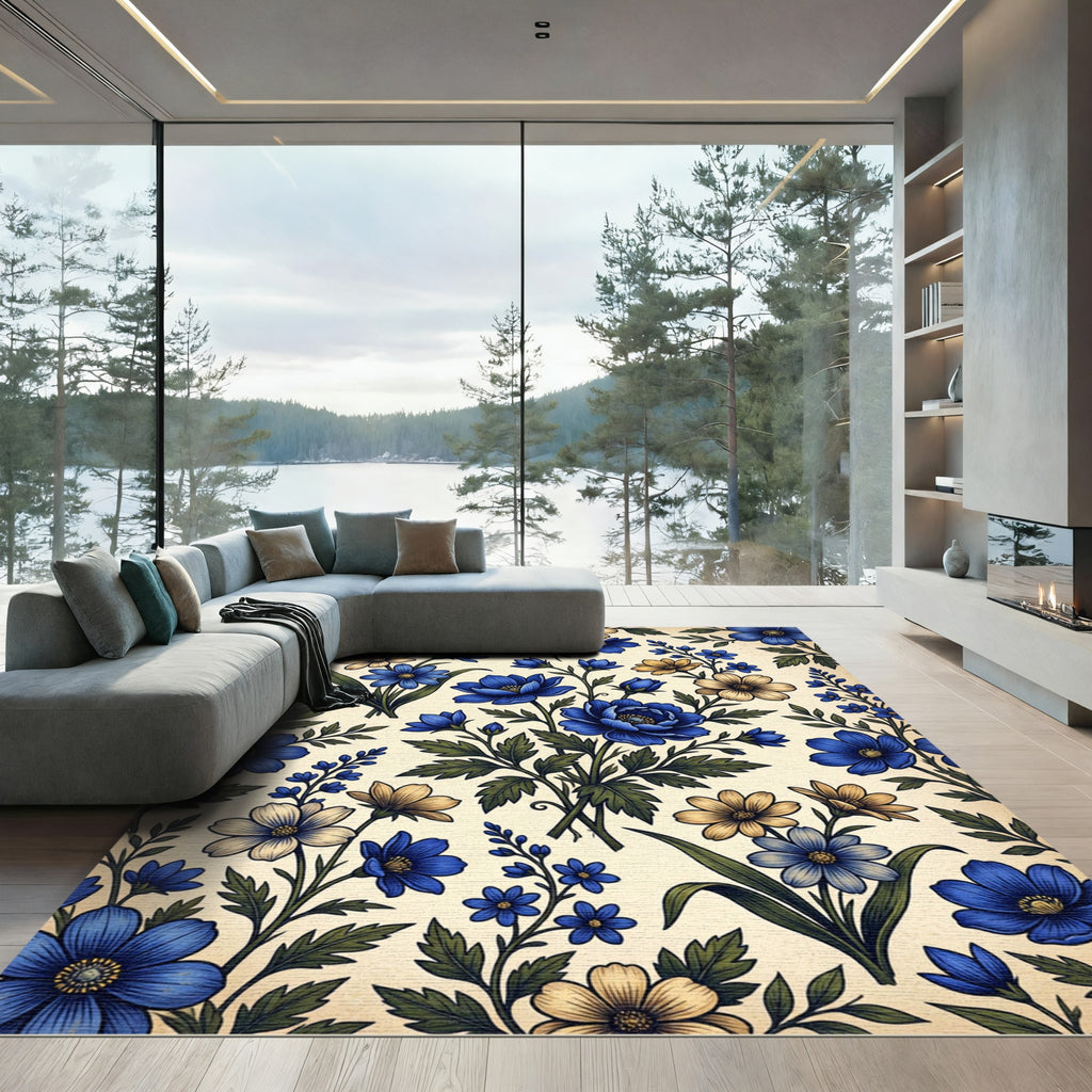 Vintage Blue and Cream Botanical Floral Rug