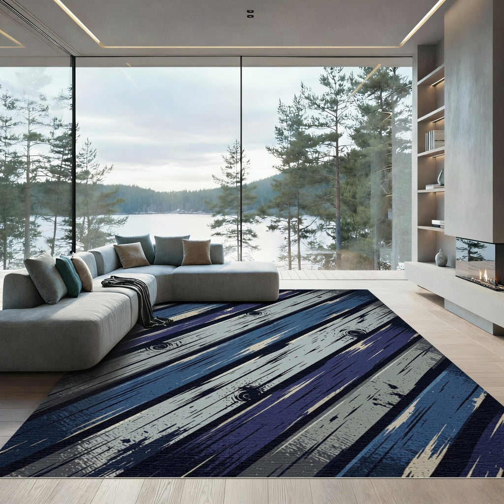 Modern Navy Indigo Diagonal Wood Plank Rug