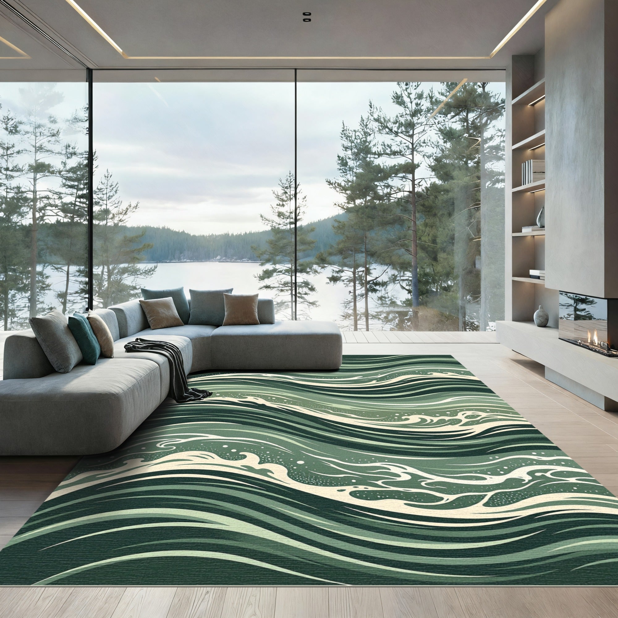 Sage Green Abstract Rolling Ocean Wave Rug