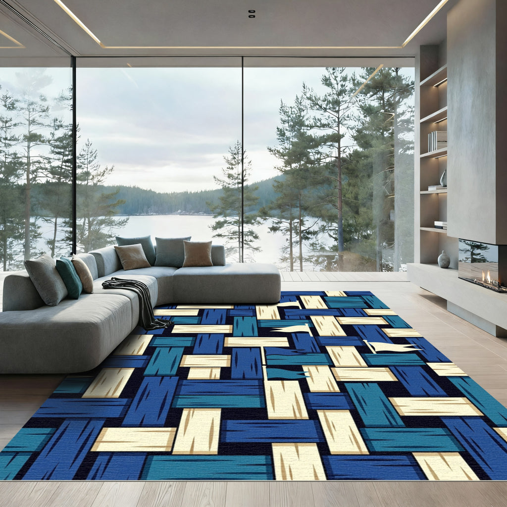 Woven Navy Cream Flag Abstract Grid Rug