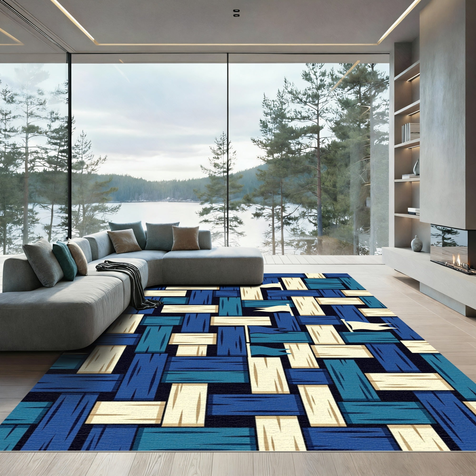 Woven Navy Cream Flag Abstract Grid Rug