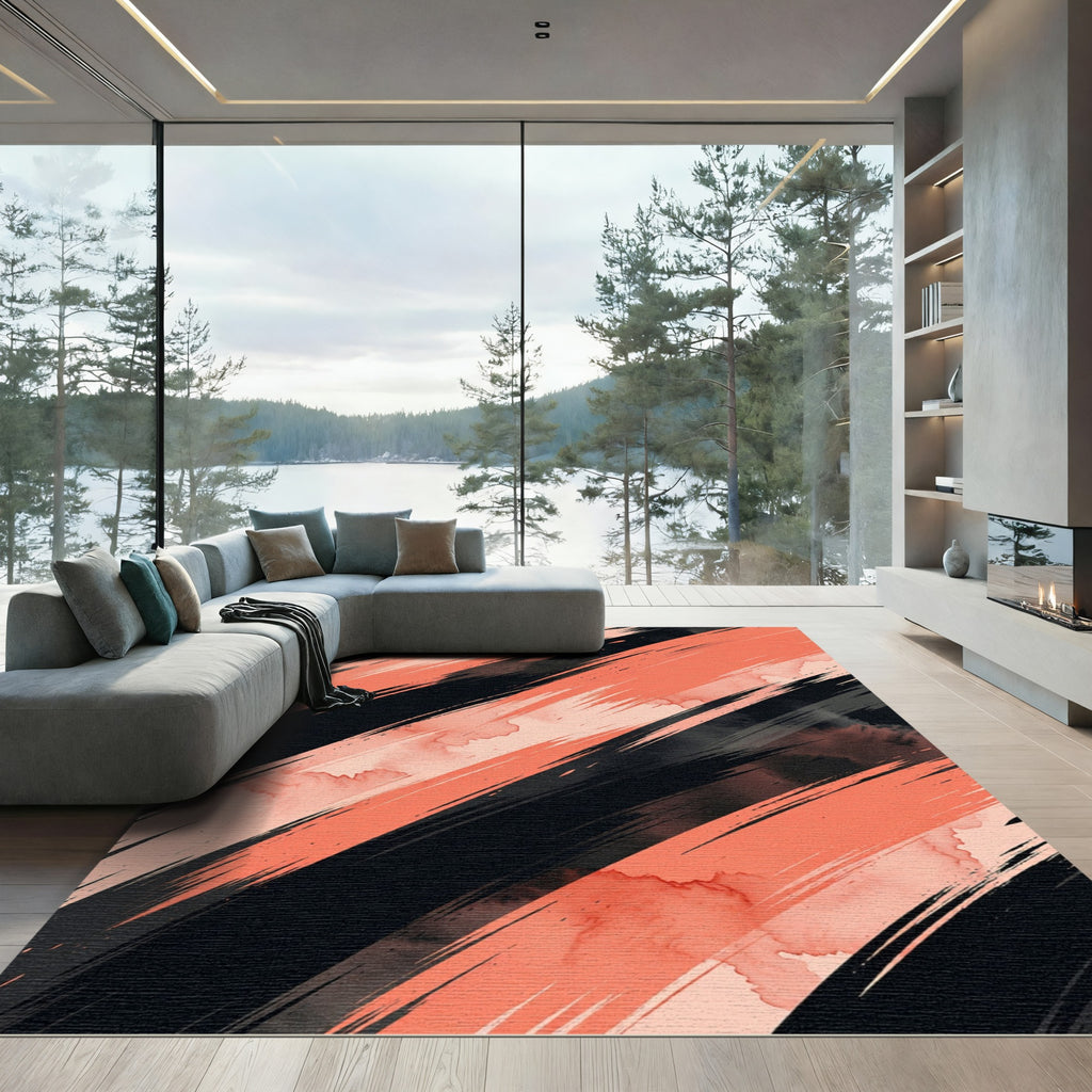Modern Coral Diagonal Brush Stroke Rug