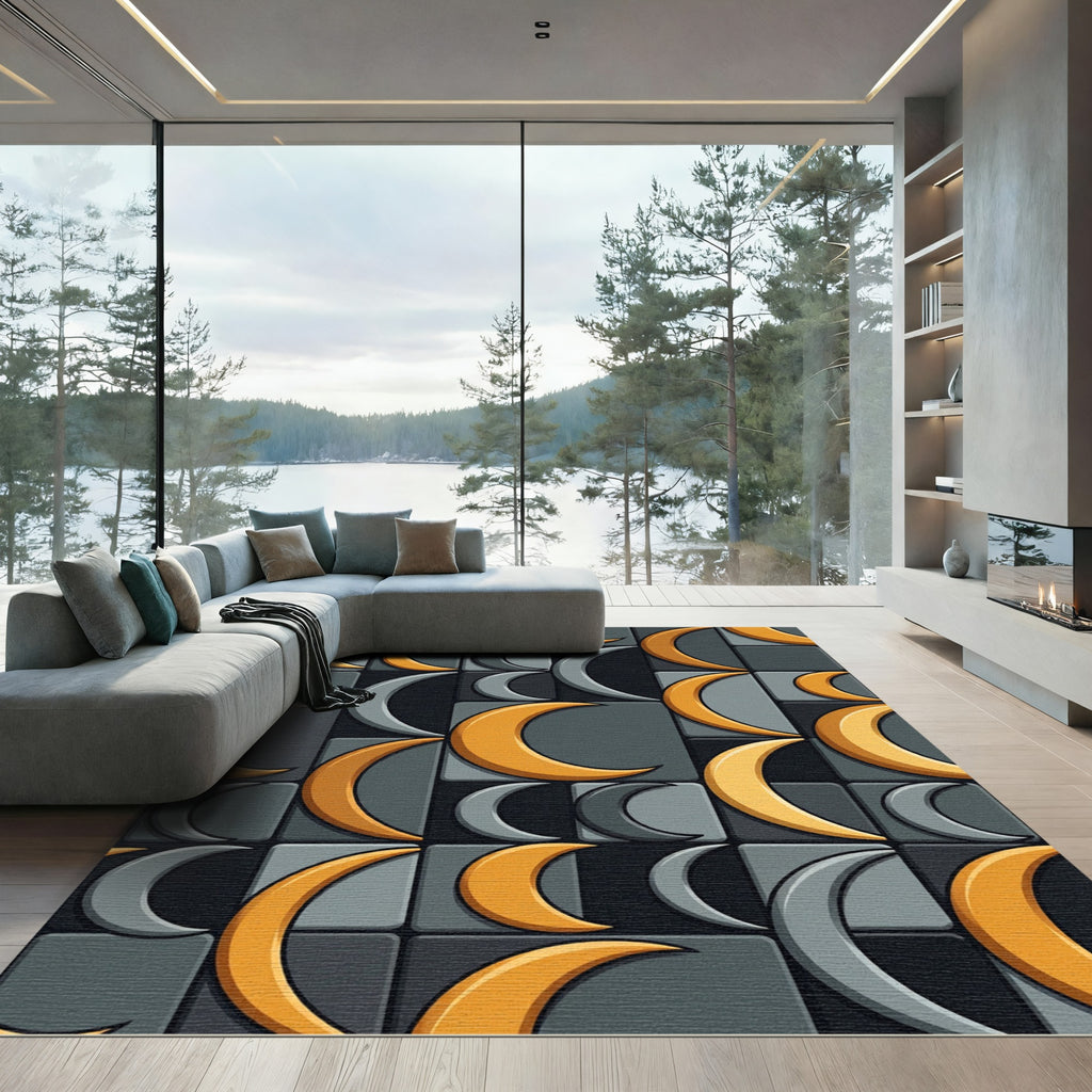 Golden Crescent Moon Geometric Rug