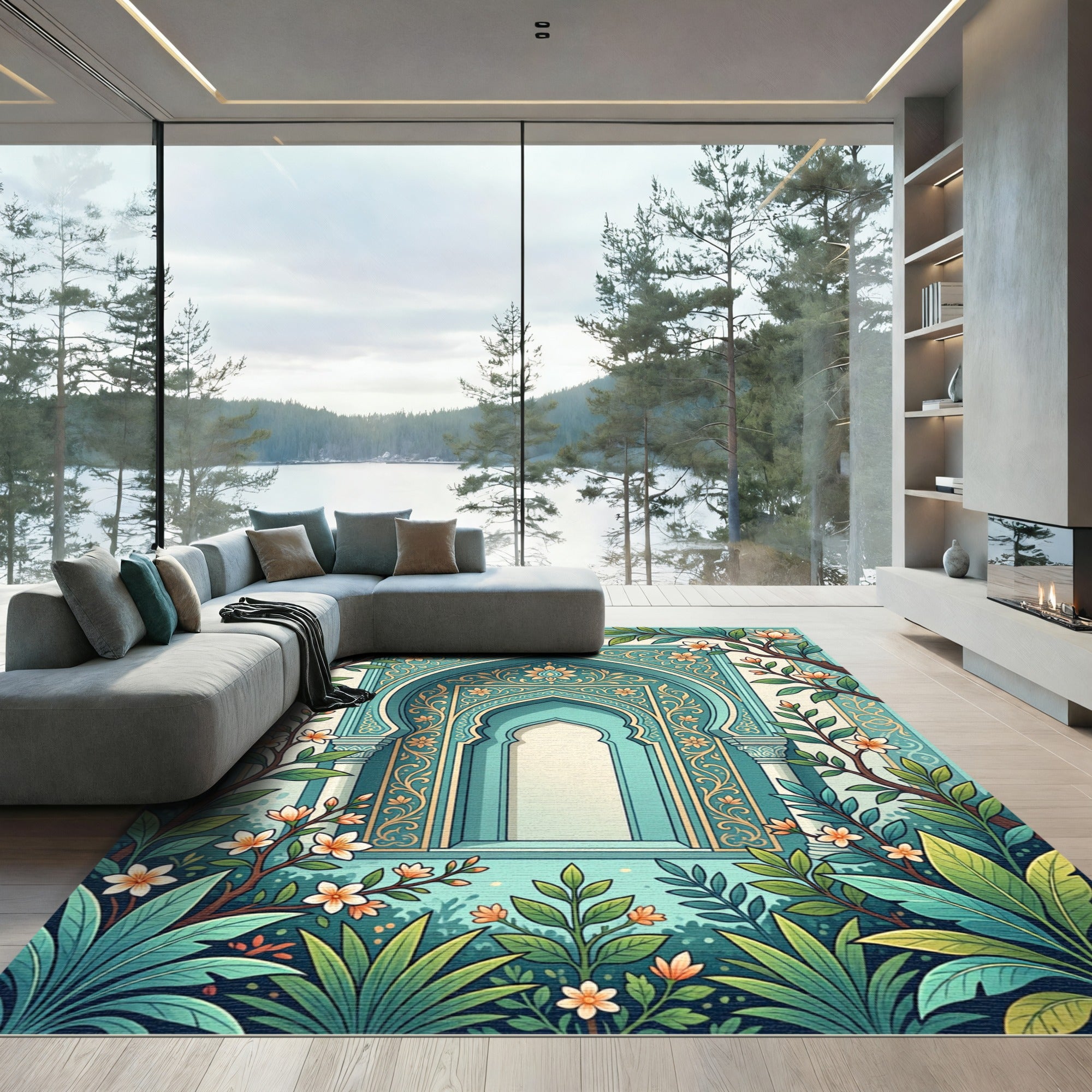 Teal Archway Floral Botanical Garden Rug
