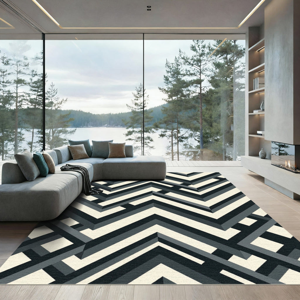 Black and Cream Geometric Chevron Rug