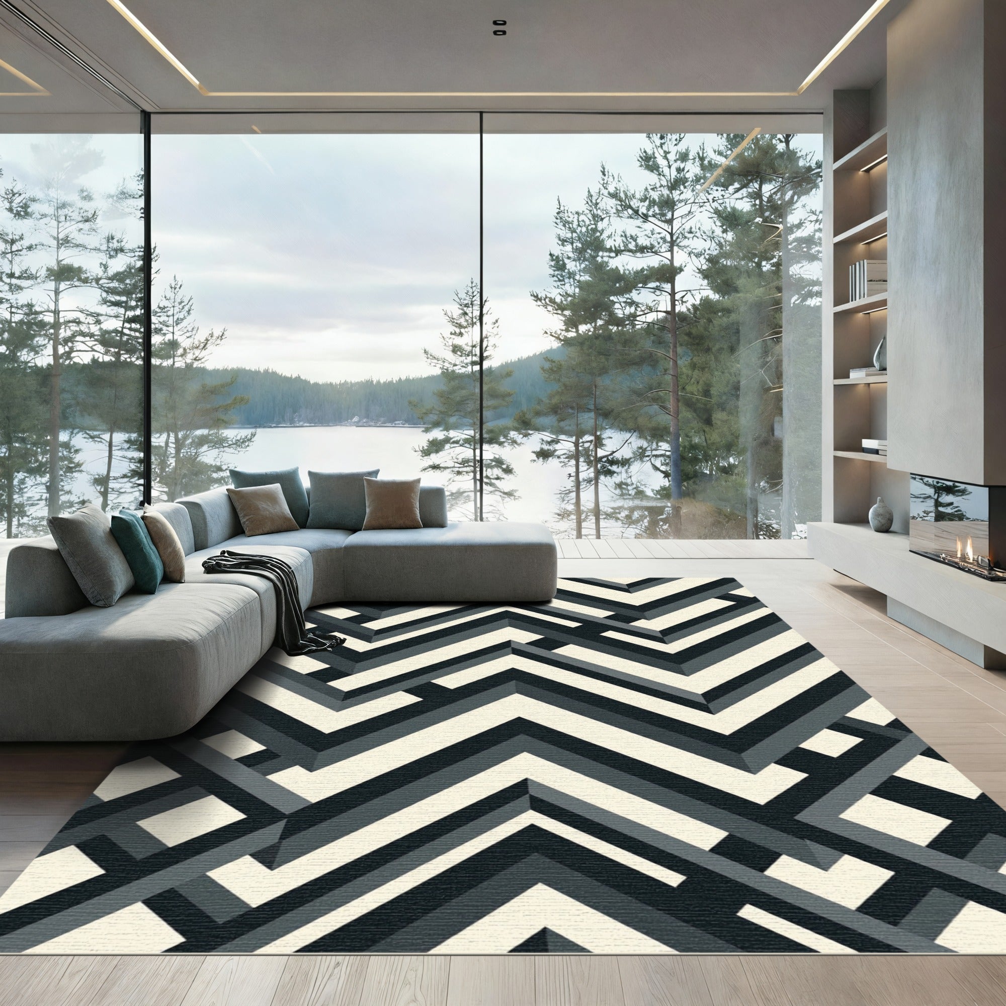Black and Cream Geometric Chevron Rug