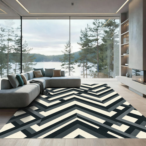 Black and Cream Geometric Chevron Rug