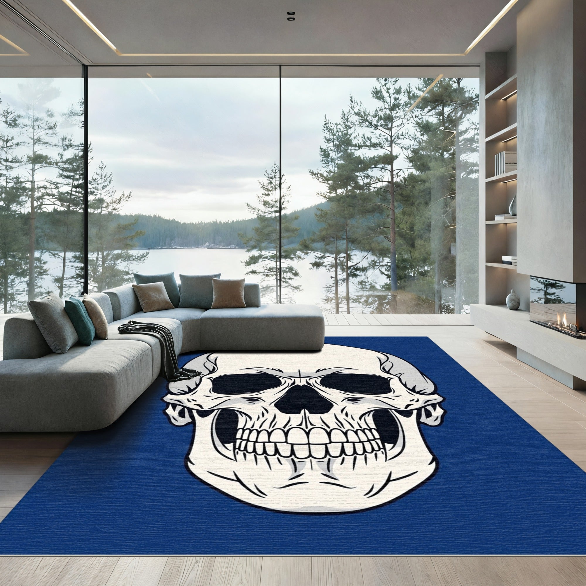 Bold White Skull Deep Blue Accent Rug