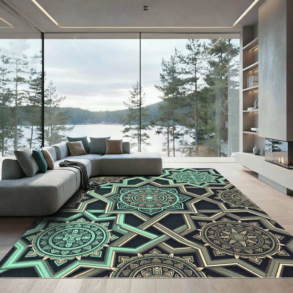 Geometric Mint and Gold Mandala Interlace Rug
