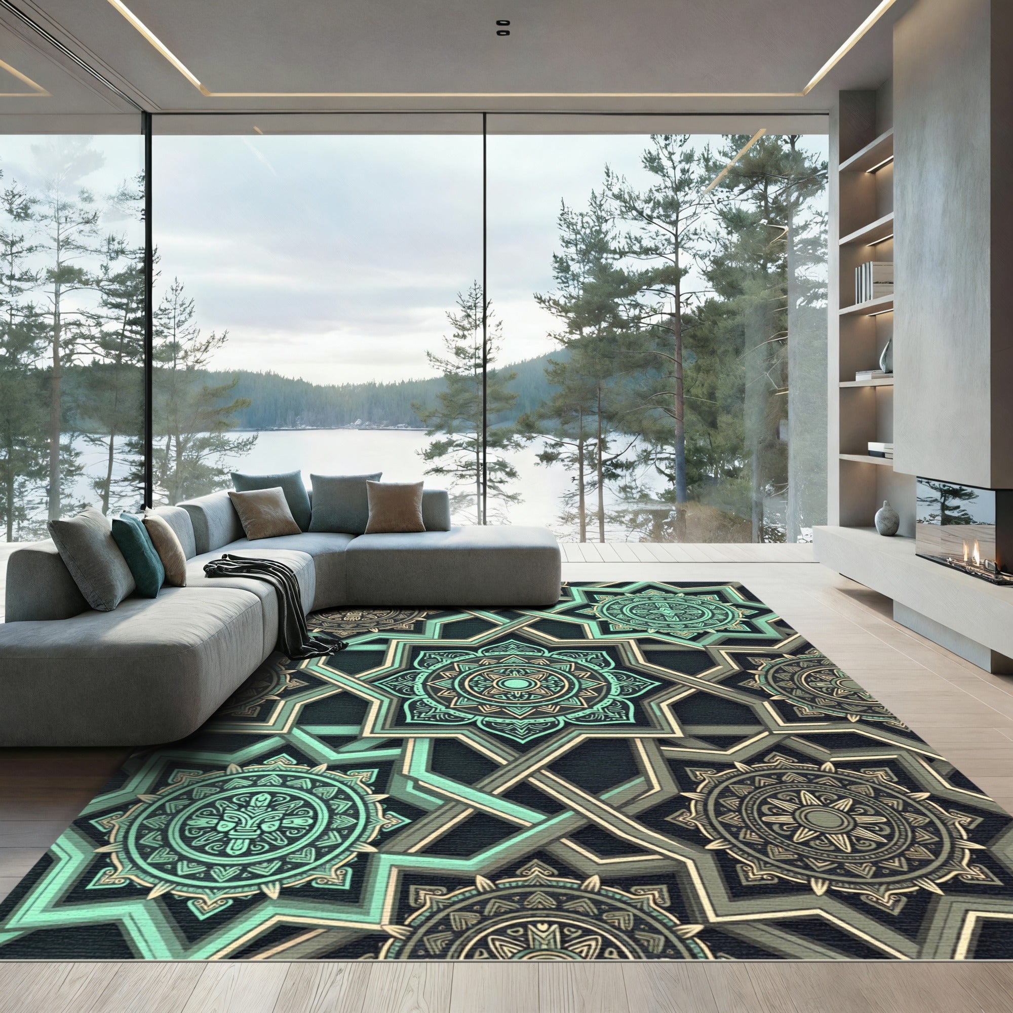 Geometric Mint and Gold Mandala Interlace Rug