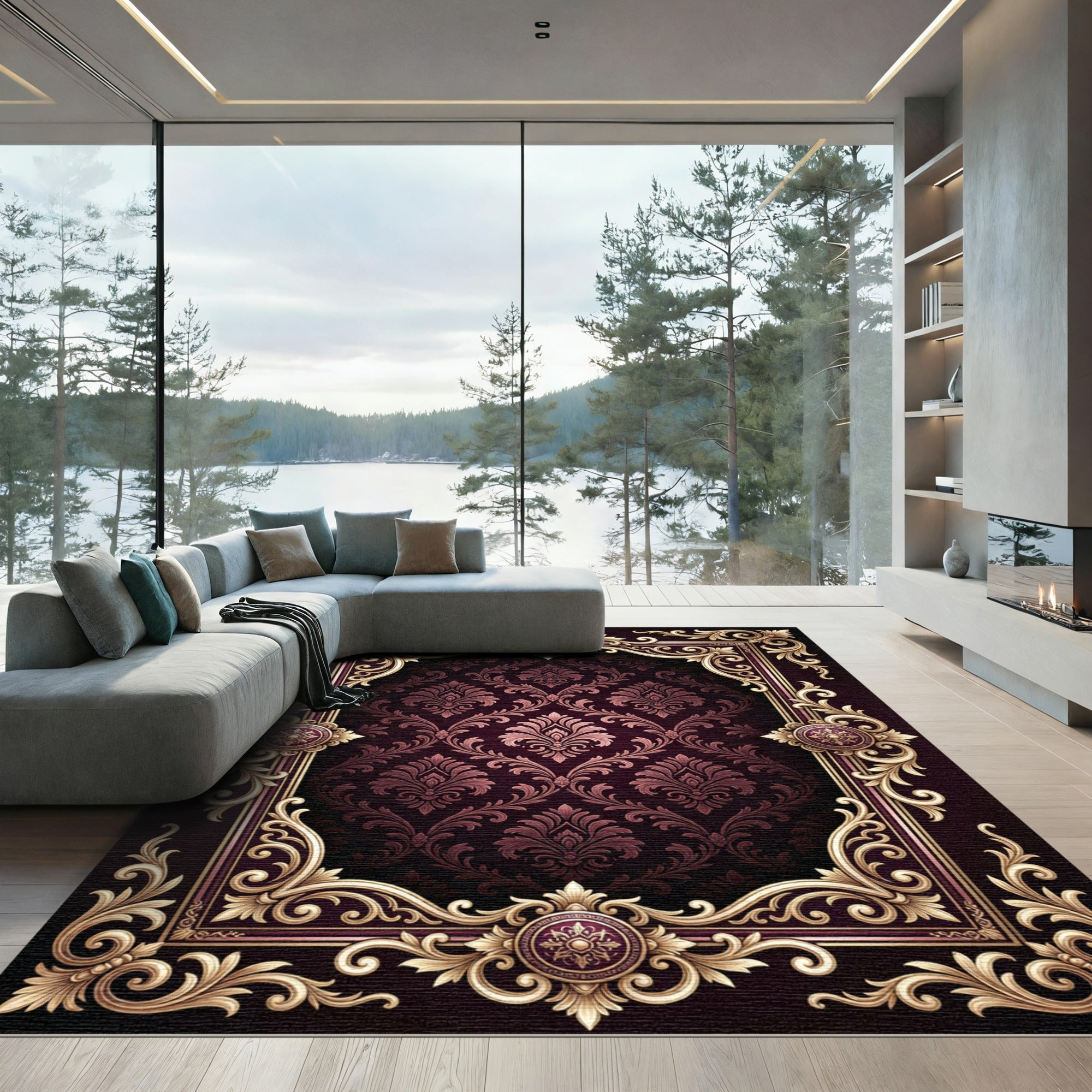 Gilded Damask Ornate Royal Frame Rug