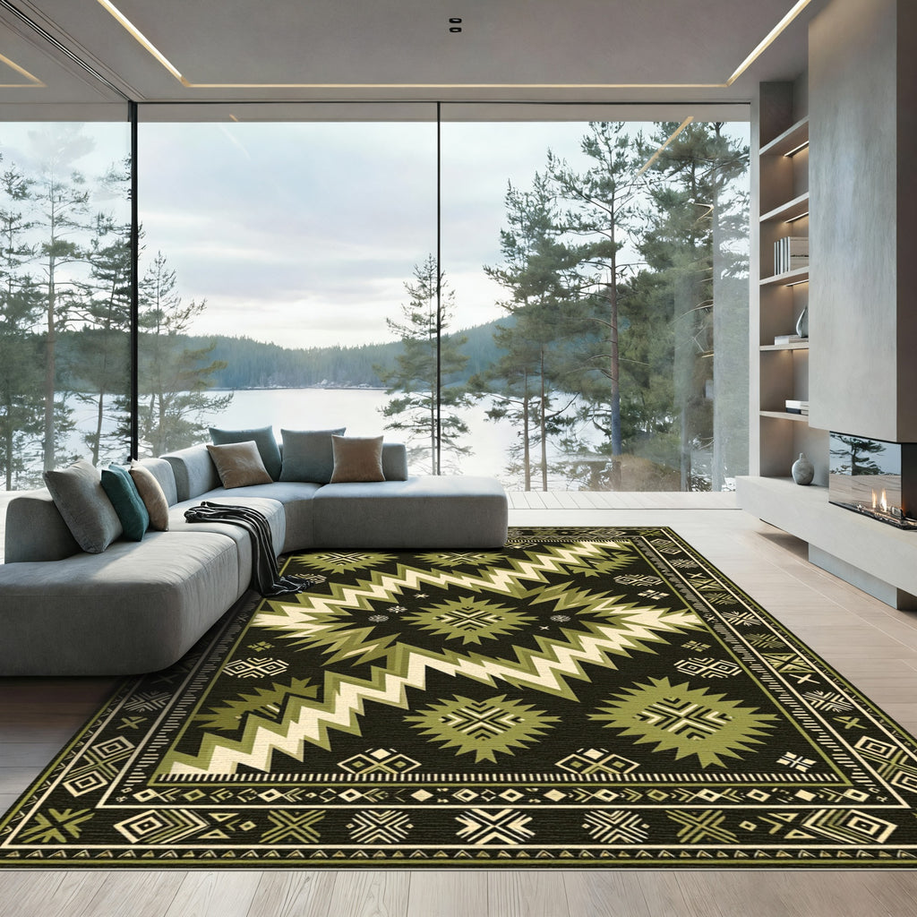 Army Green Geometric Sunburst Rug