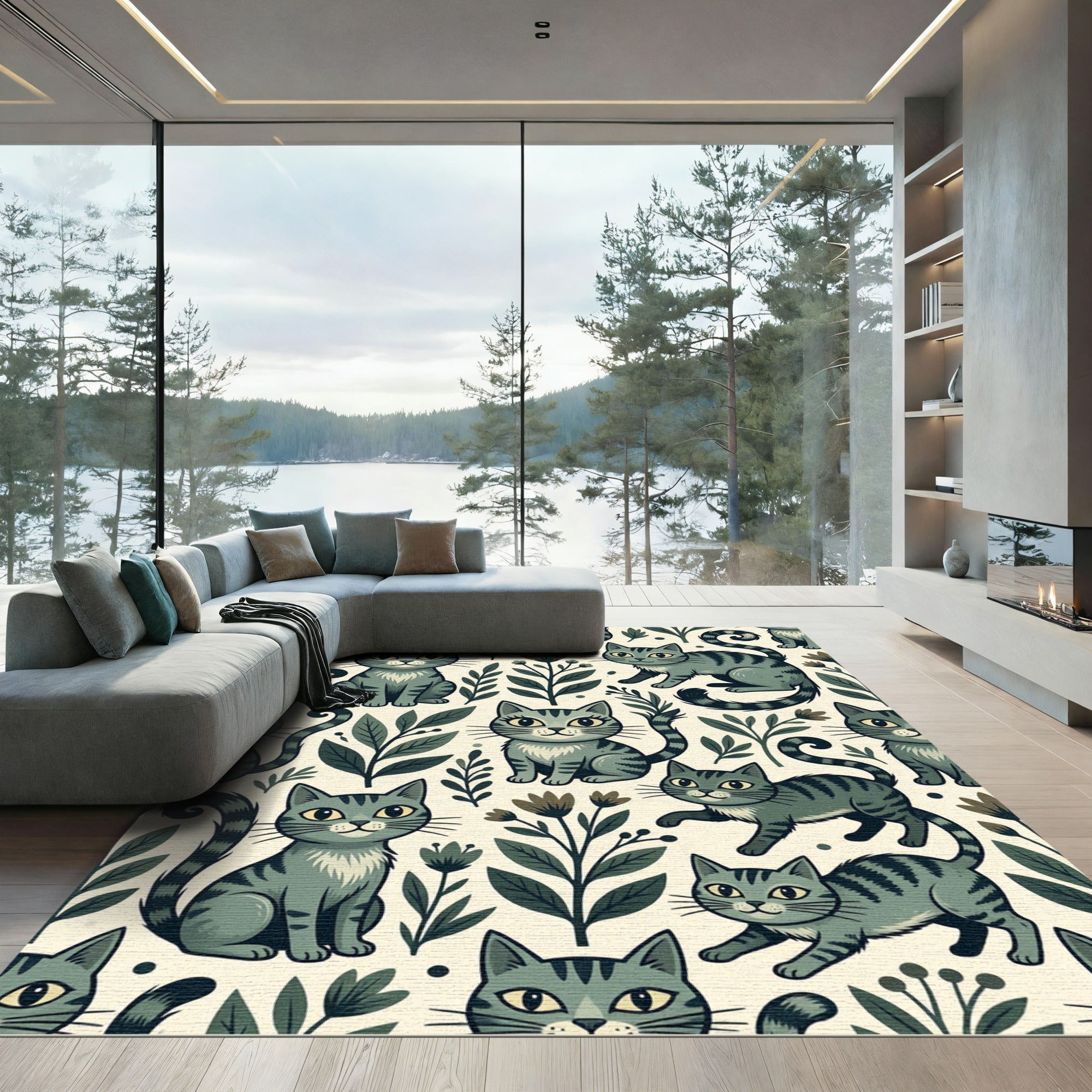 Whimsical Sage Gray Tabby Cat Floral Rug