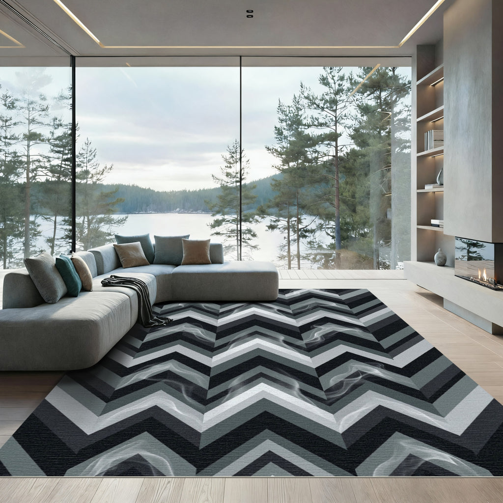 Smoky Monochrome Chevron Geometric Rug