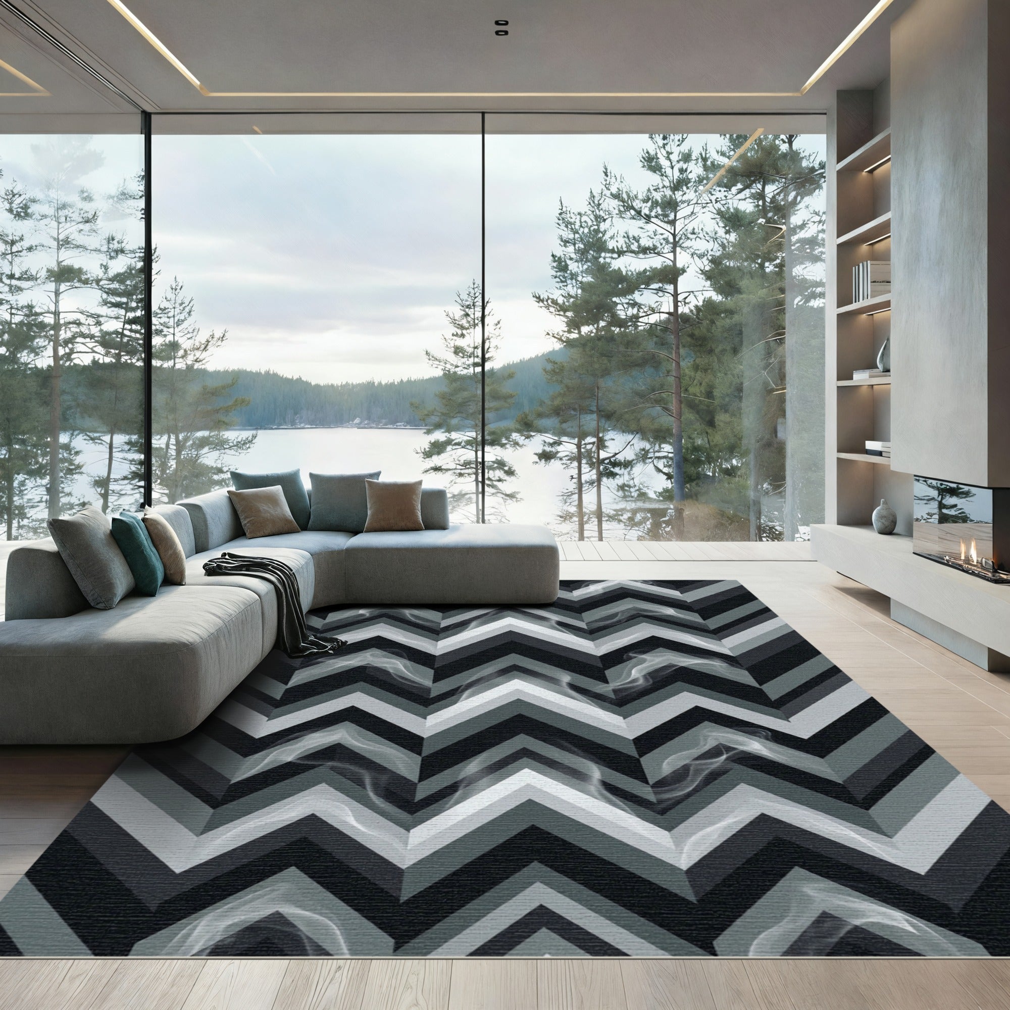 Smoky Monochrome Chevron Geometric Rug