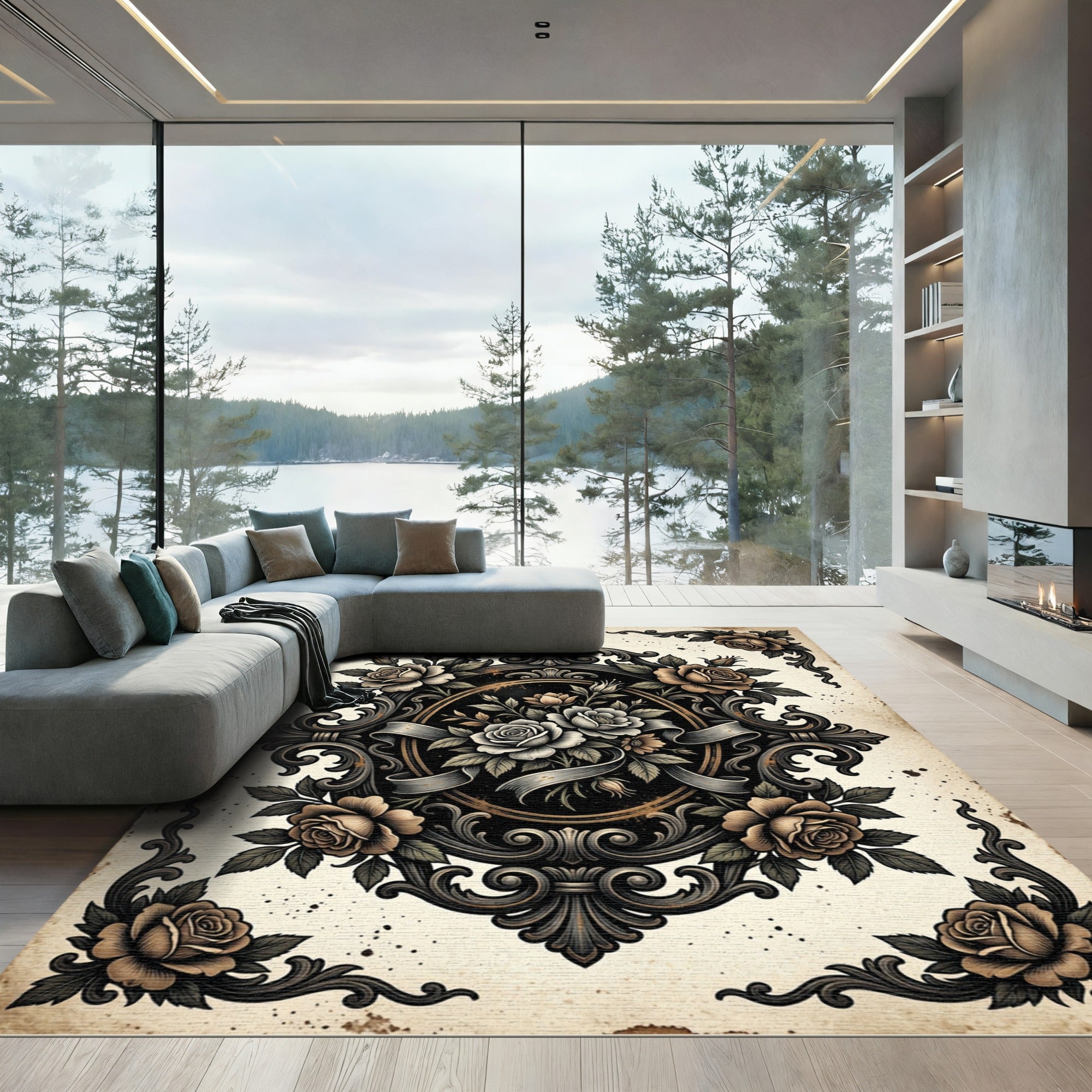 Elegant Victorian Rose Cameo Medallion Rug