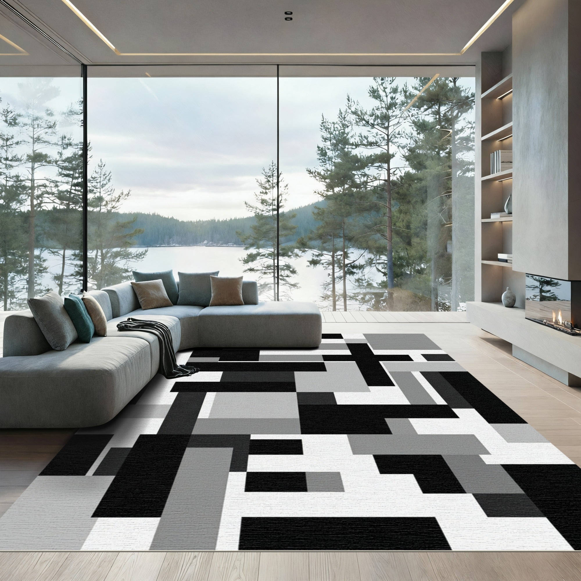 Monochromatic Geometric Abstract Block Art Rug