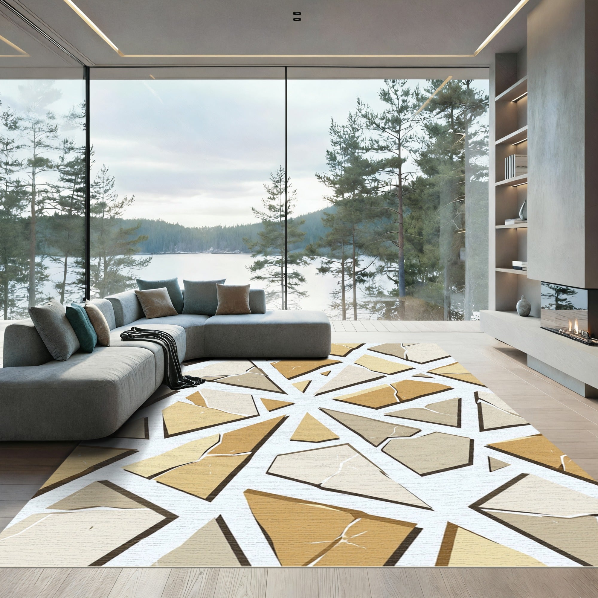 Modern Earth Tone Geometric Shattered Stone Rug