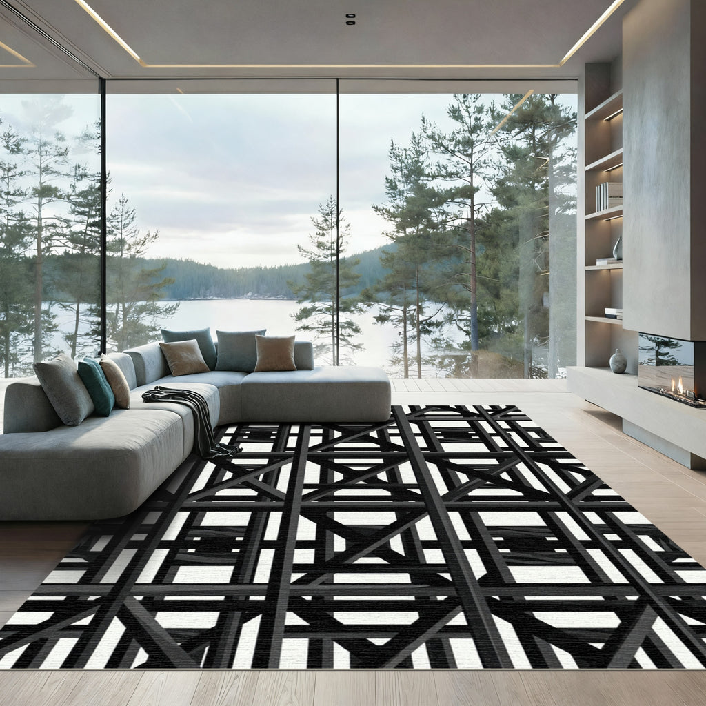 Modern Architectural Grid Industrial Monochrome Rug