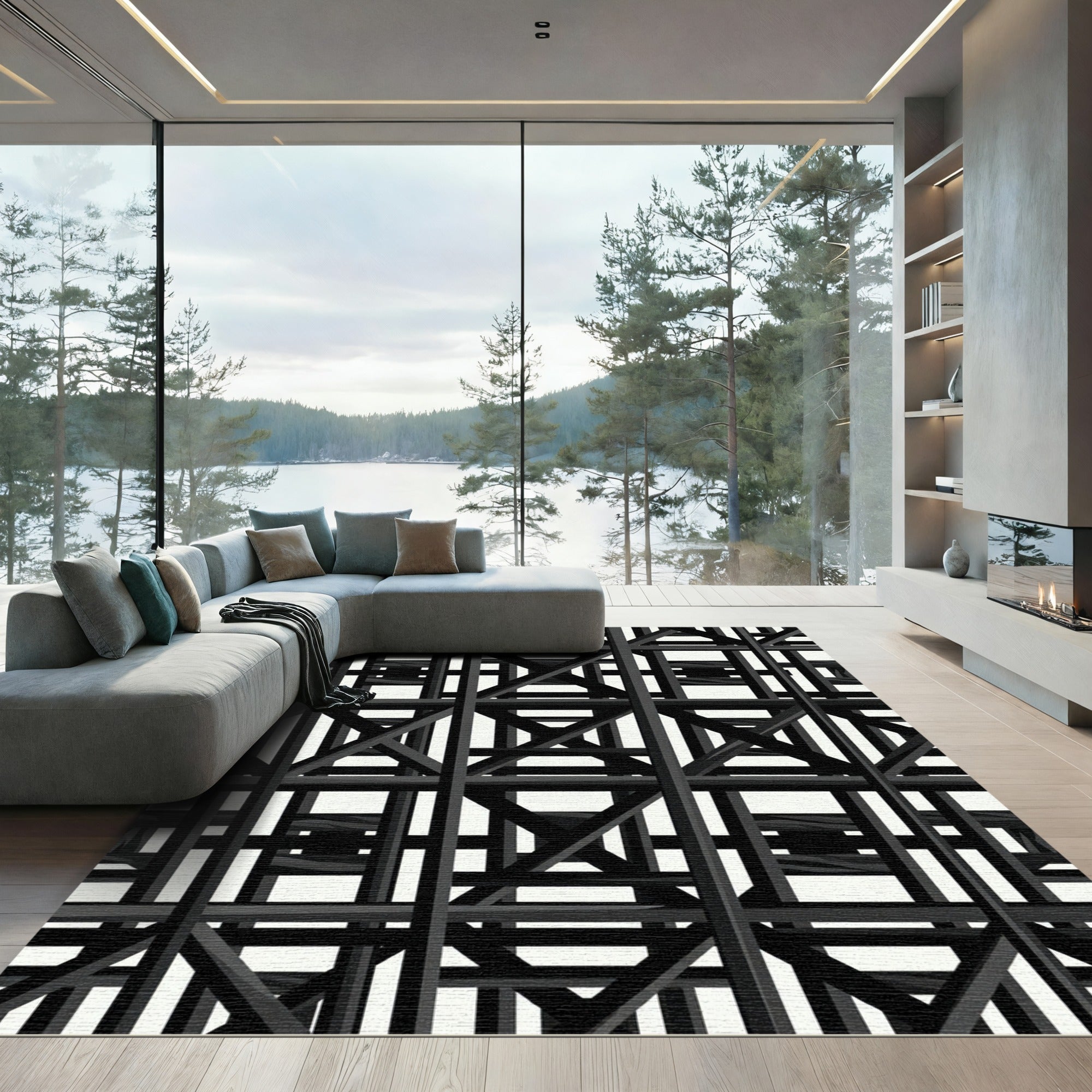 Modern Architectural Grid Industrial Monochrome Rug