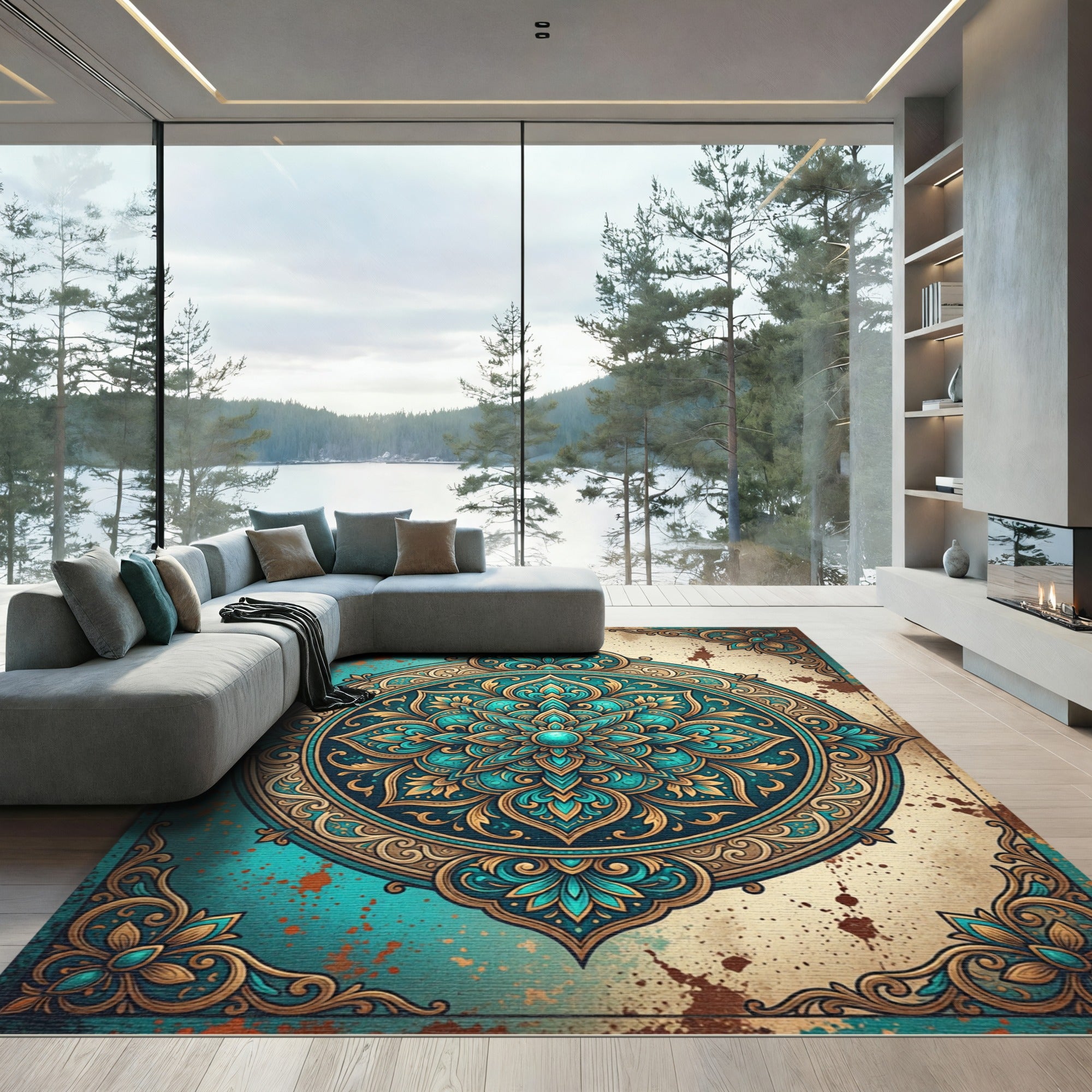 Teal and Gold Ornate Mandala Medallion Rug