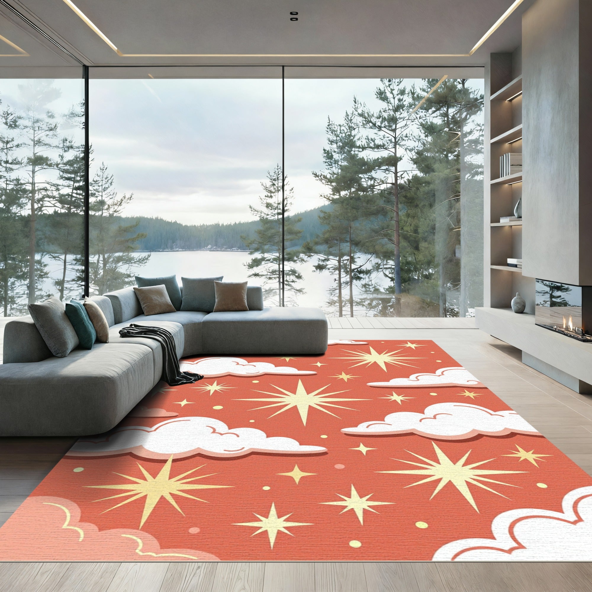 Celestial Starry Sky Terracotta Clouds Rug