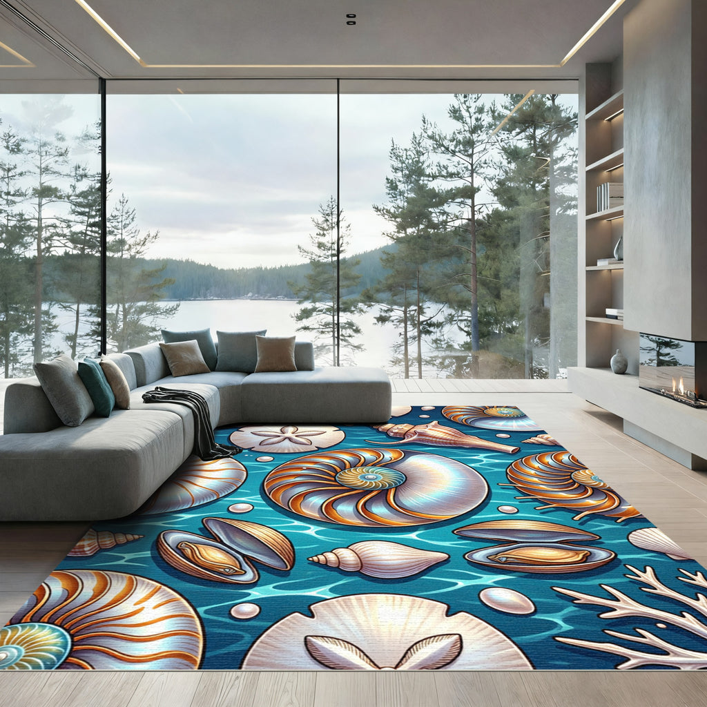 Radiant Blue Seashell Nautical Ocean Treasure Rug